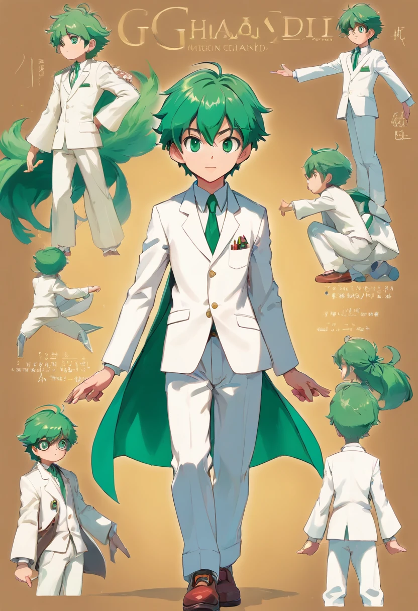 10 year old boy named Francis Chandra with short standing green hair, emerald eyes, dressed with white suit. ((character design sheet)) ((((different poses different angles))))
