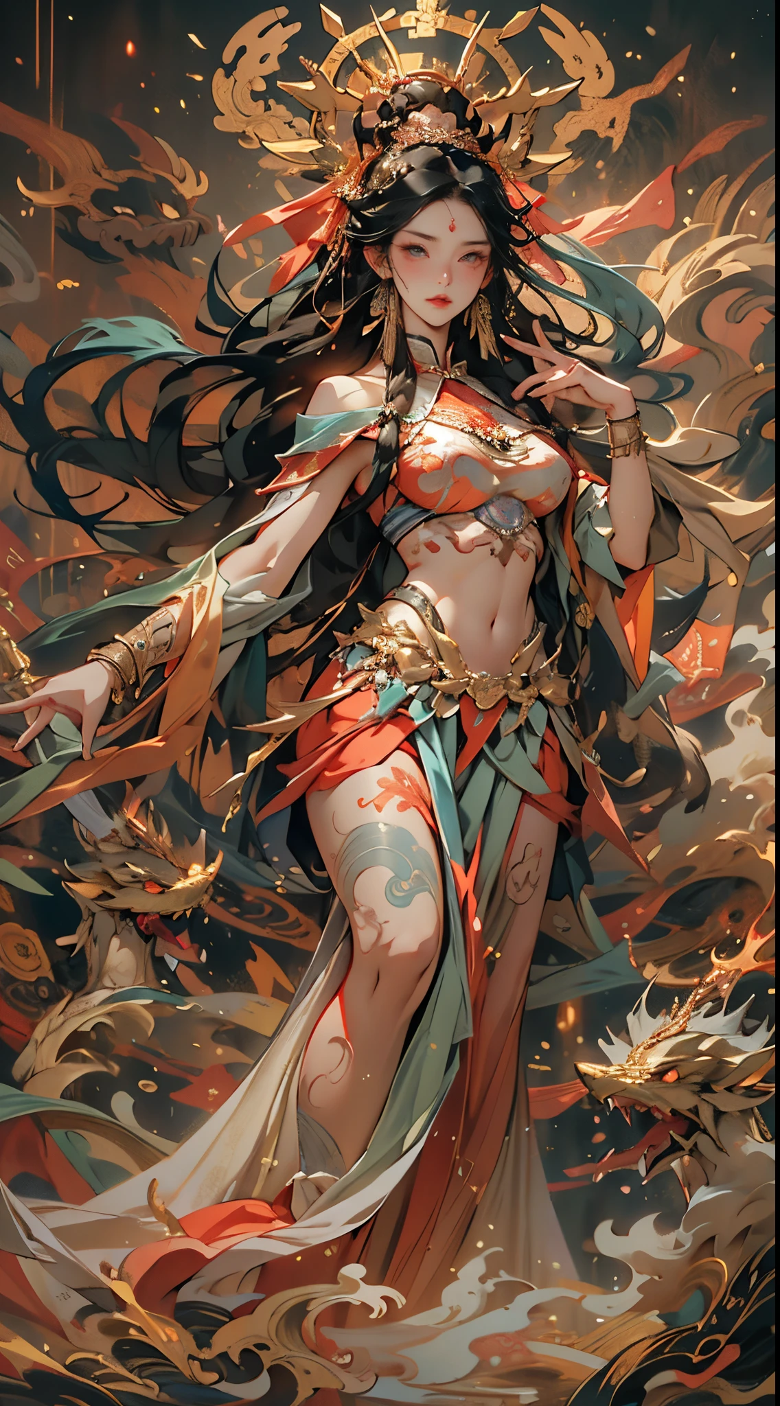 Depict an ancient goddess of creation,Nuwa is the creation goddess in Chinese mythology。This is a great image of the goddess that has been handed down from the matriarchal clan period of primitive society。Deep background,absurderes,Fantastic and incredible,Epic composition,(Complicated details,Hyper-detailing:1.2),Ultra photo realsisim, epic realistic, ((com cores neutras)),(pastel colour:1.2), Hyper-realistic, + cinema shot + Dynamic composition, Incredibly detailed, Sharpen, Cinematic, warm lights, Light effect, Dramaticlight, (Intricate details:1.1), the complex background, (greg rutkovsky:0.8),fully body photo,Fly in the sky,The image of the great goddess,Chinese mythology,