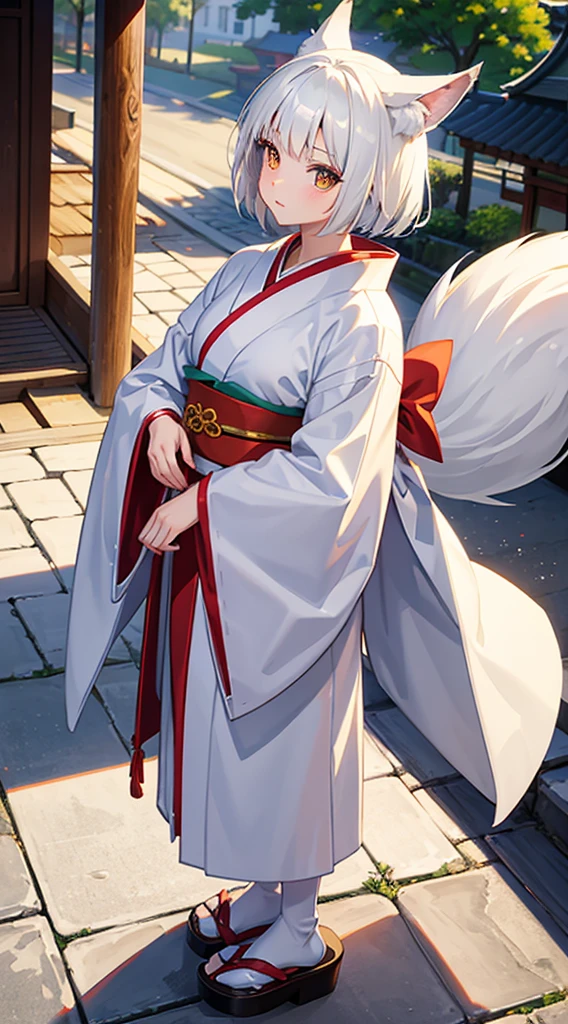 Fox Girl teens girl Lori White hair big tail fluffy tail kawaii Beautiful skin Amber eyes high-level image quality hightquality Old townscape Kimono wall-paper shrine maiden shorth hair short-cut
