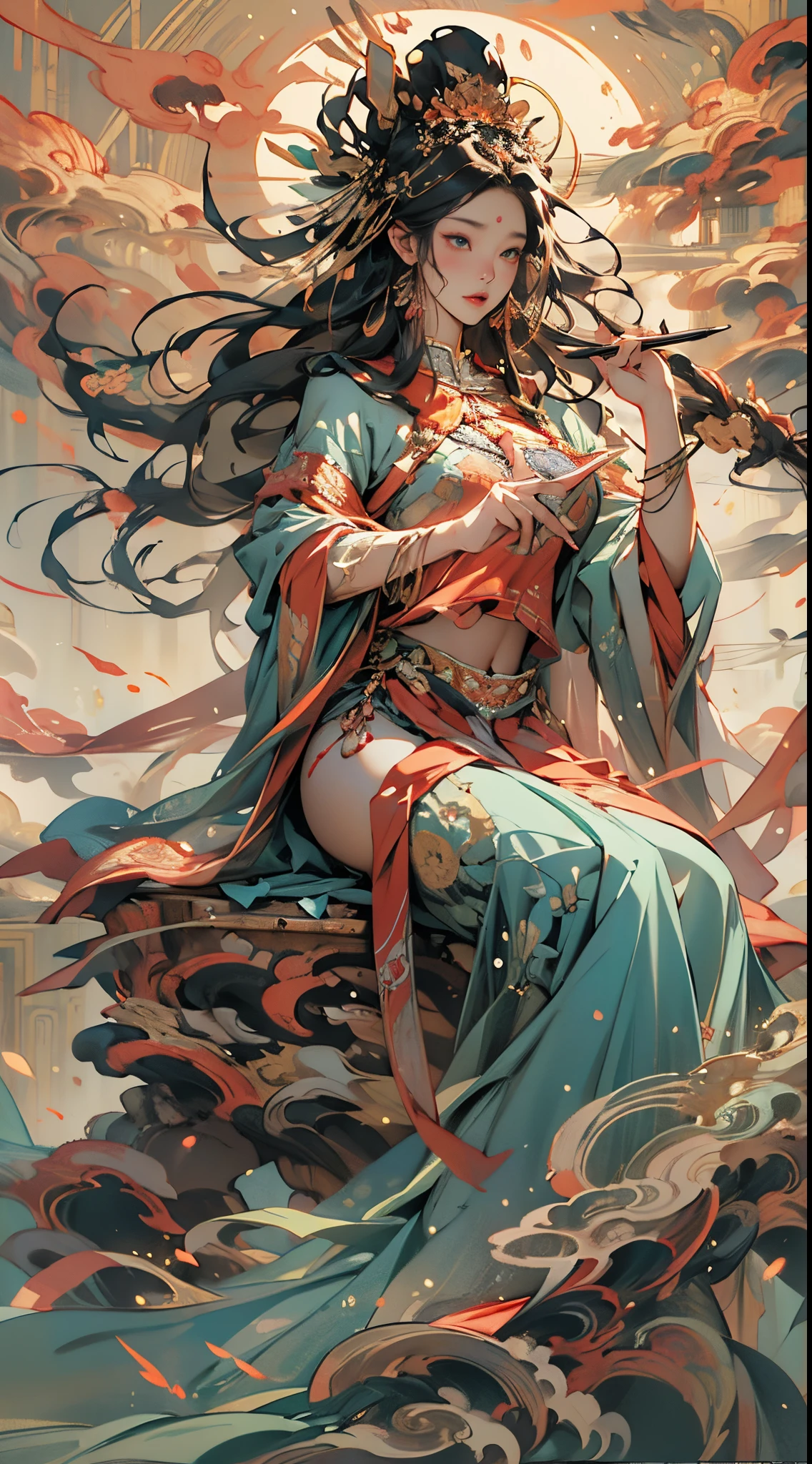 Depict an ancient goddess of creation，Nuwa is the creation goddess in Chinese mythology。This is a great image of the goddess that has been handed down from the matriarchal clan period of primitive society。Deep background，absurderes，Fantastic and incredible，Epic composition，(Complicated details，Hyper-detailing:1.2)，Ultra photo realsisim, epic realistic, ((com cores neutras)),(pastel colour:1.2), Hyper-realistic, + cinema shot + Dynamic composition, Incredibly detailed, Sharpen, Cinematic, warm lights, Light effect, Dramaticlight, (Intricate details:1.1), the complex background, (greg rutkovsky:0.8),fully body photo，Fly in the sky，The image of the great goddess，Chinese mythology，