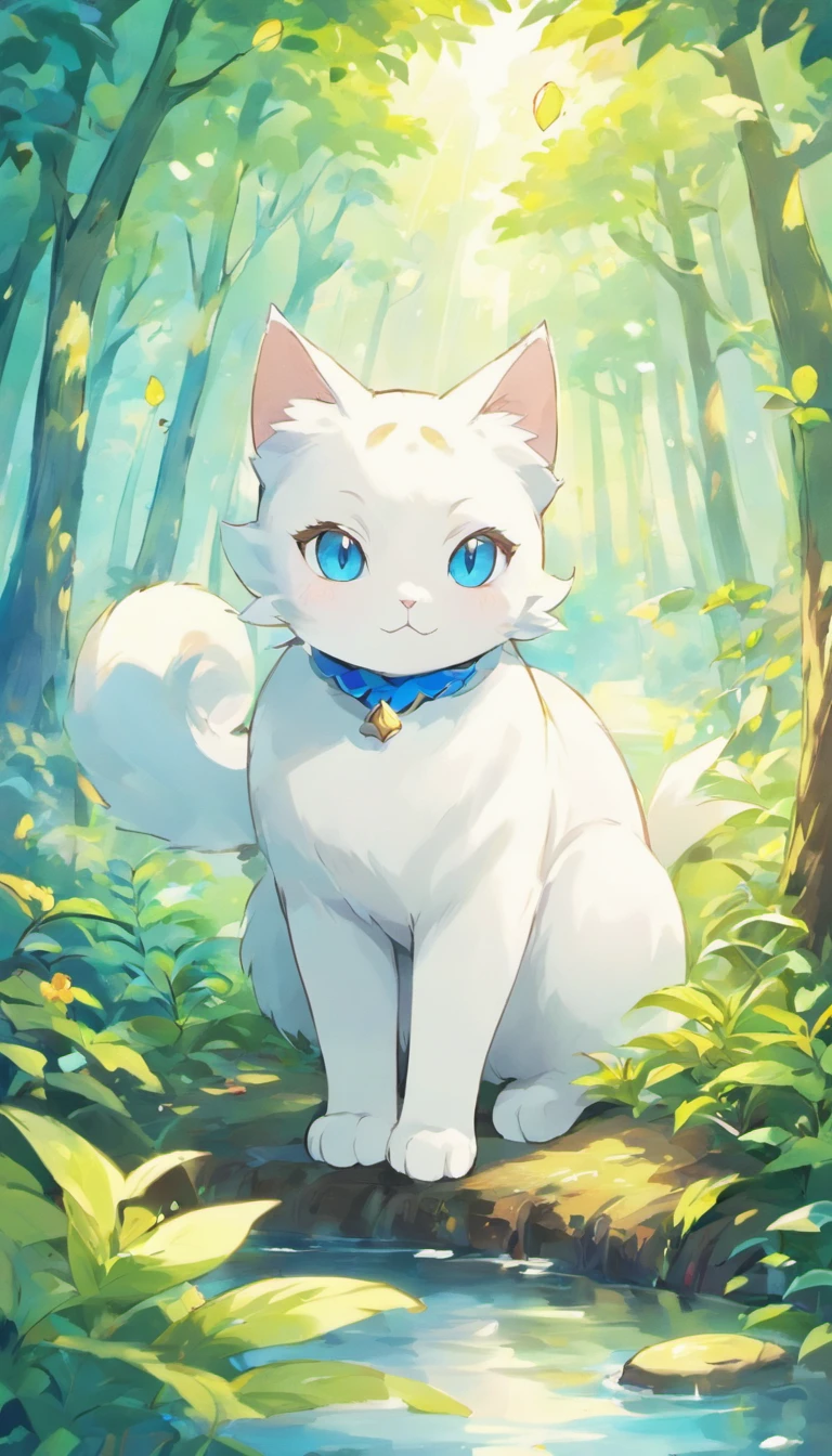 White cat、Blue eyes、In a forest with a fantastic lake、Elegance、narrow her eyes、Fantastical、hali々and has、Condescending