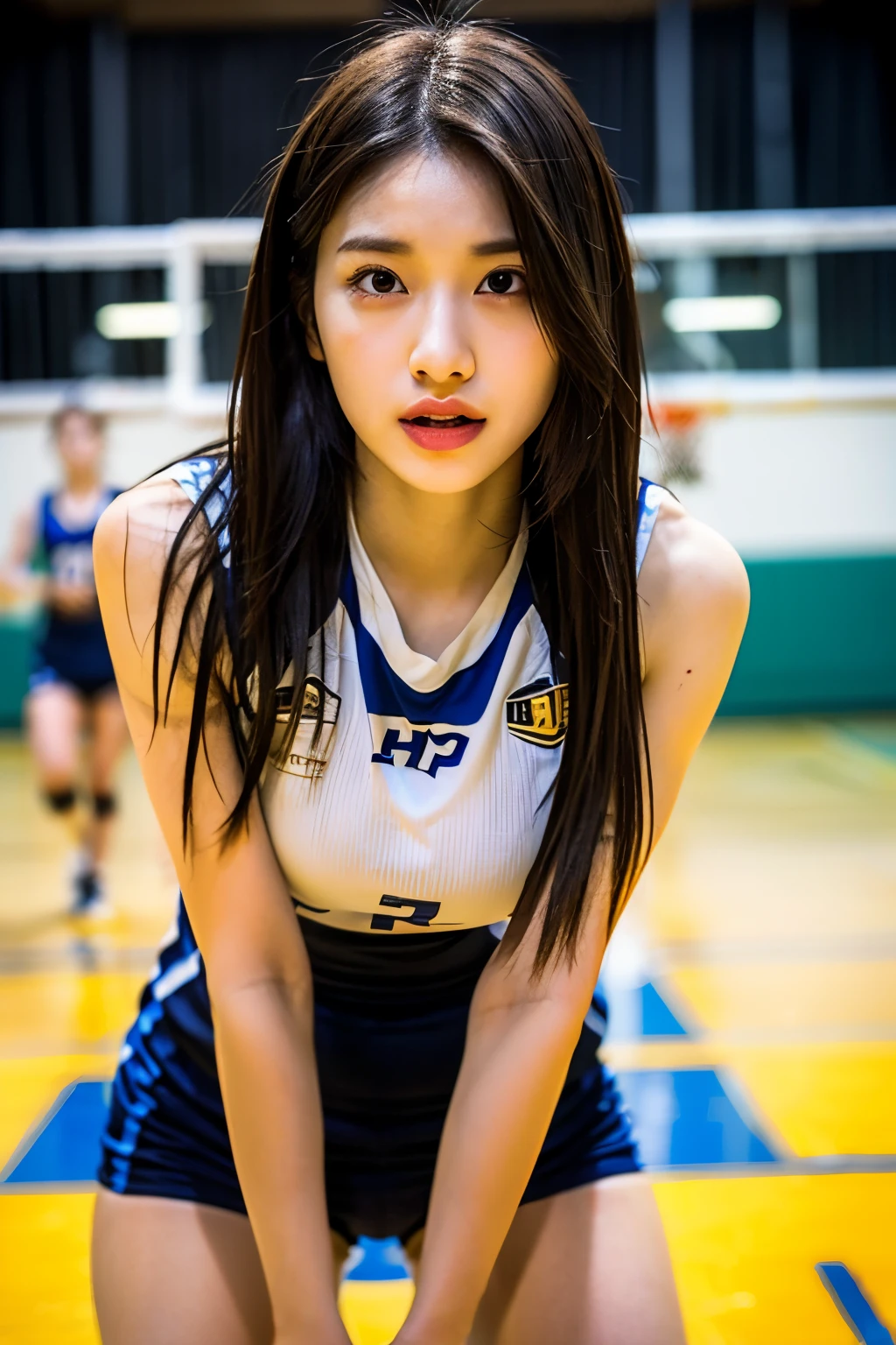 (Photoreal: 1.4), (Hyper-realistic: 1.4), (Realistic: 1.3), (Smooth lighting: 1.05), (Improved cinematic lighting: 0.9), 32K, 1 girl, 20 year old girl, Realistic lighting, Backlight, Face Light, raytrace, (Whitening light: 1.2), (Image enhancement: 1.4), ( Top quality real skins: 1.4), Narrow eyes, Fine face, Narrow eyes, (Body Line Mood Increase: 1.1), Oversized breasts, Big, (Skin Texture Enhancement Beauty: 1.1),Indoor_Volleyball_court_Background:1.4, thighs thighs thighs thighs, Protruding , Crotch、Basketball players