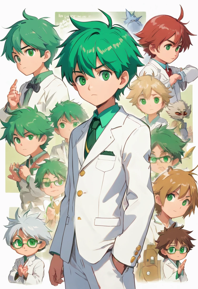 10 year old boy named Francis Chandra with short spiky green hair, emerald eyes, dressed with white suit. ((character design sheet)) ((((different poses different angles))))