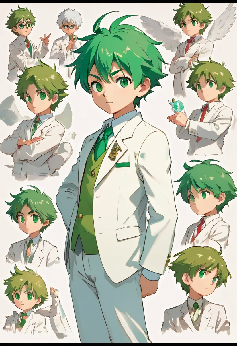 10 year old boy named Francis Chandra with short spiky green hair, emerald eyes, dressed with white suit. ((character design sheet)) ((((different poses different angles))))