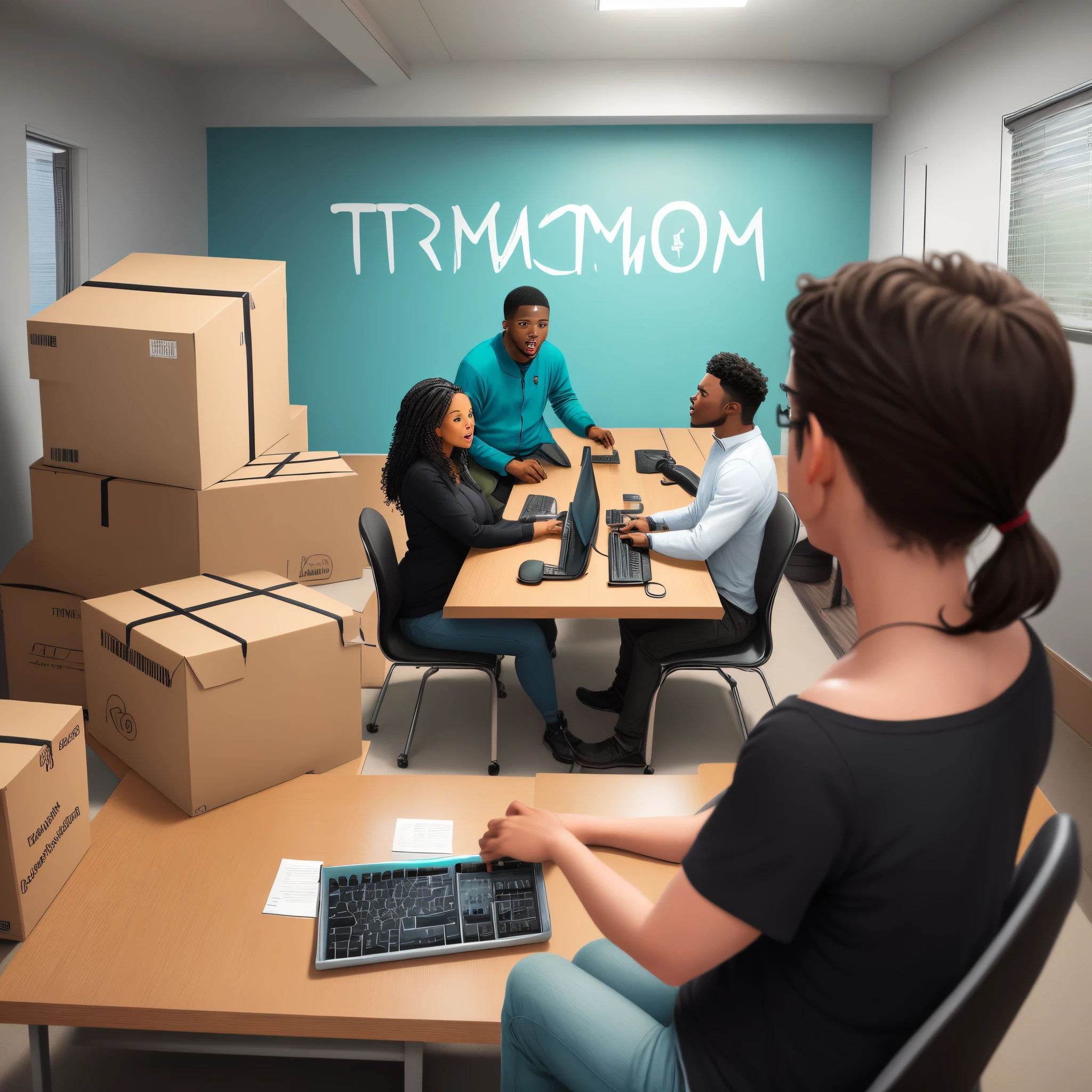 Make room with two black women one white woman and one white male and one black man in the room a home environment with a desktop computer on desk and one black and one turquoise wall with the words TRIMO USA written on the wall with labeled shipping boxes of all sizes in the room