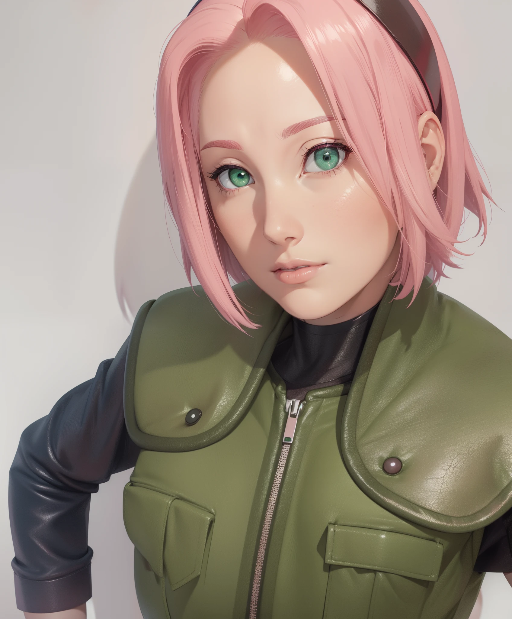 young woman, slender, small breasts, peach skin, short pink hair, wide forehead, pink eyebrows, emerald green eyes, buttoned nose, pink lips, heart-shaped face, red leather dress, Sakura Haruno, black leather gloves, realistic , 3d, 8k