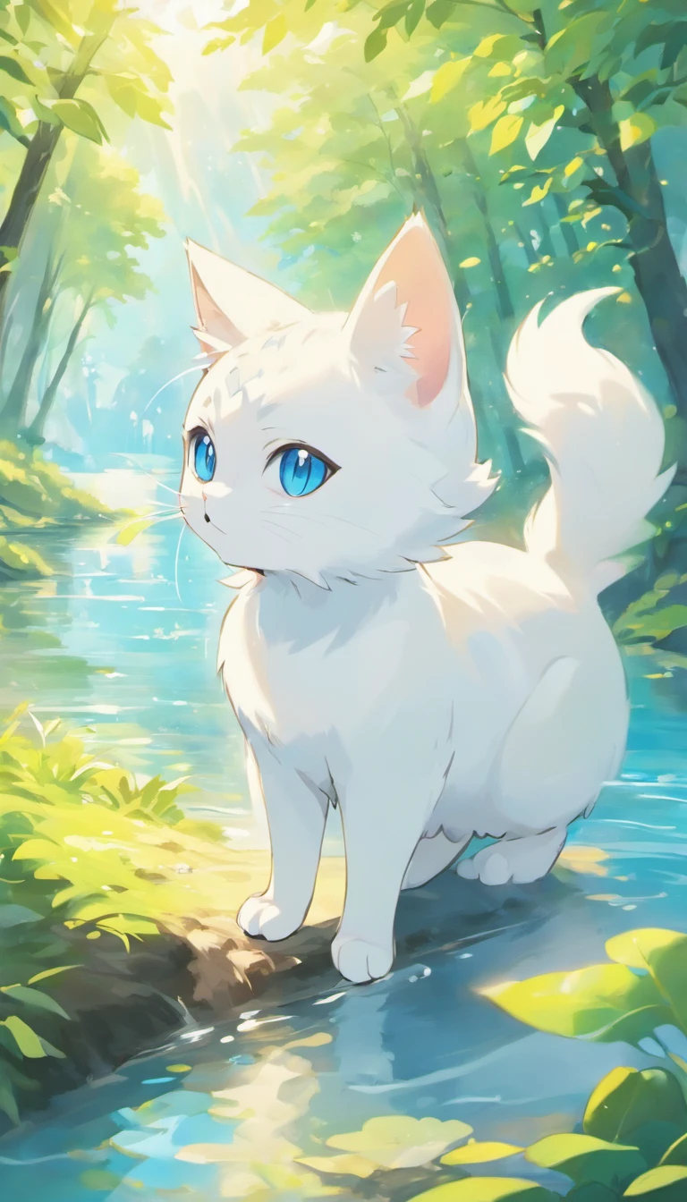 White cat、Blue eyes、Cat in a fantastic forest with a big lake in the background、Elegance、narrow her eyes、Fantastical、hali々and has、Condescending