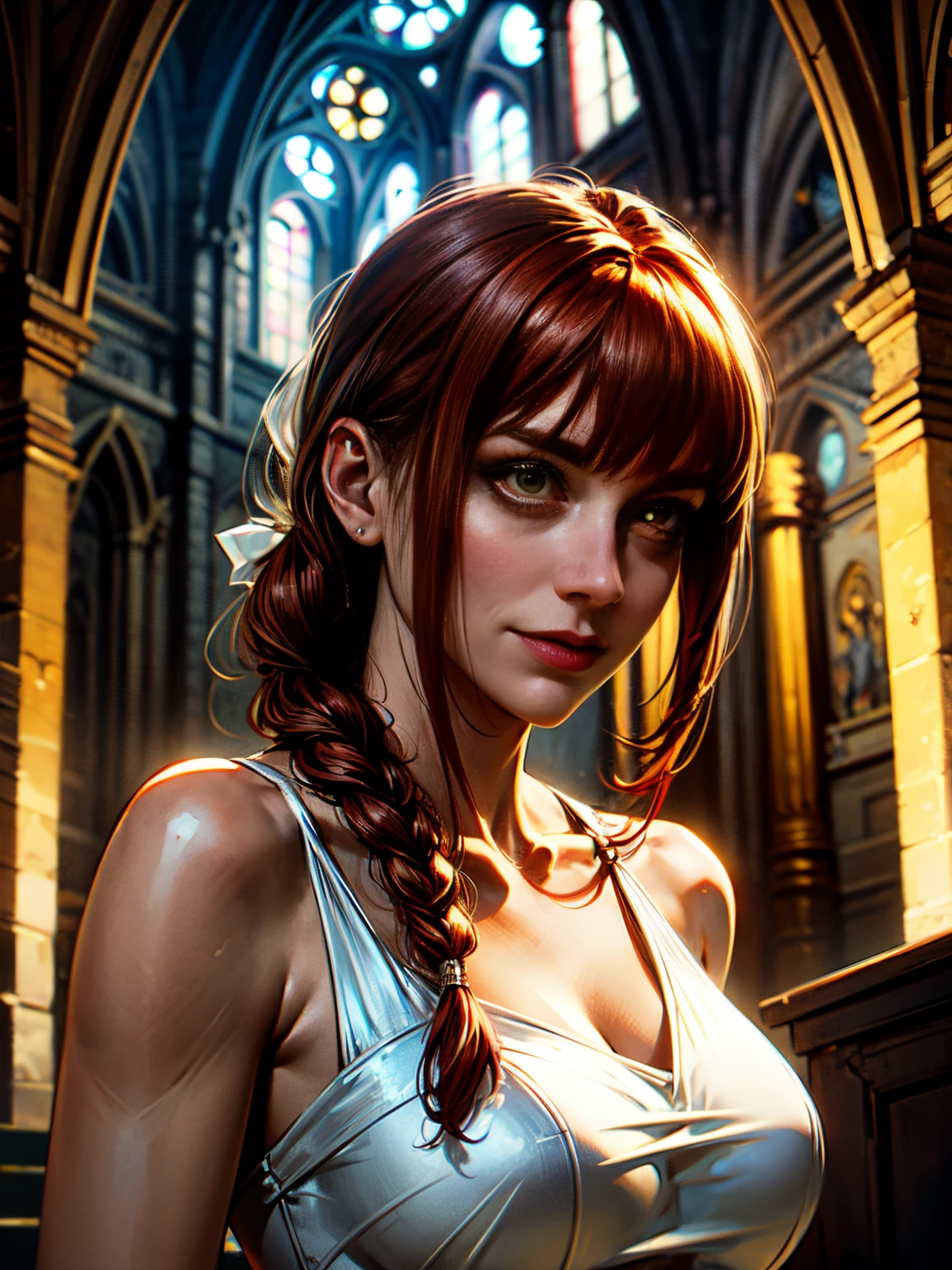 The woman, (Mature:1.3), makima \(chainsaw man\), (red hair)+(hairlong, Braided in one braid)+(Bangs), Yellow eyes, golden eyes, (Spiral eyes), wedding dress, Enigmatic smile, Masterpiece, cathedral, tense atmosphere, (((Image Macro Details))), Best Quality, Depth of field, 8K UHD, Film grain