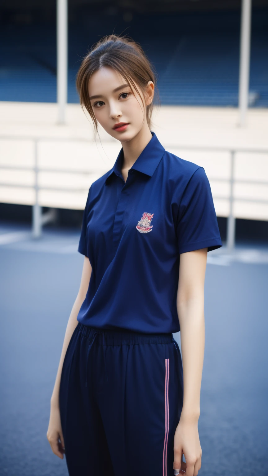 (bestquality,10,10,highres,masterpiece:1.2),ultra-detail,(Realistic,photorealistic portrait,photo-realistic:1.37),1 Cute girl in the football field,oily shiny skin,bara,light smile,BDclothes,((blue shirt:1.3)),short sleeves,shirt, trousers.,(navy_long_Pants Track:1.1), ((Stadium Background:1.3)),dynamic angle,excited,face focus,Dynamic Poses,from behide,Ass Focus,masterpiece, bestquality, ultra realistic, hyper-detail, 8k resolution, RAW photo, crisp focus, ((Navy blue shirt:1.1)), short sleeves, Long Path, Perfect body, 2 mature women, 18yo, cinematic light,Blue sweatpants,Gymware,Correct anatomy,Complete body, Correct body, sharp face, Anatomically correct body, full entire body, Realistic gestures, long-haired, Realistic poses,Wear long shorts........................,Long leg span,Shapely,Sculpting Girl, Slender Figure, mannequin mannequins, Shapely, Beautiful body,Blue sweatpants, Two girls kissing