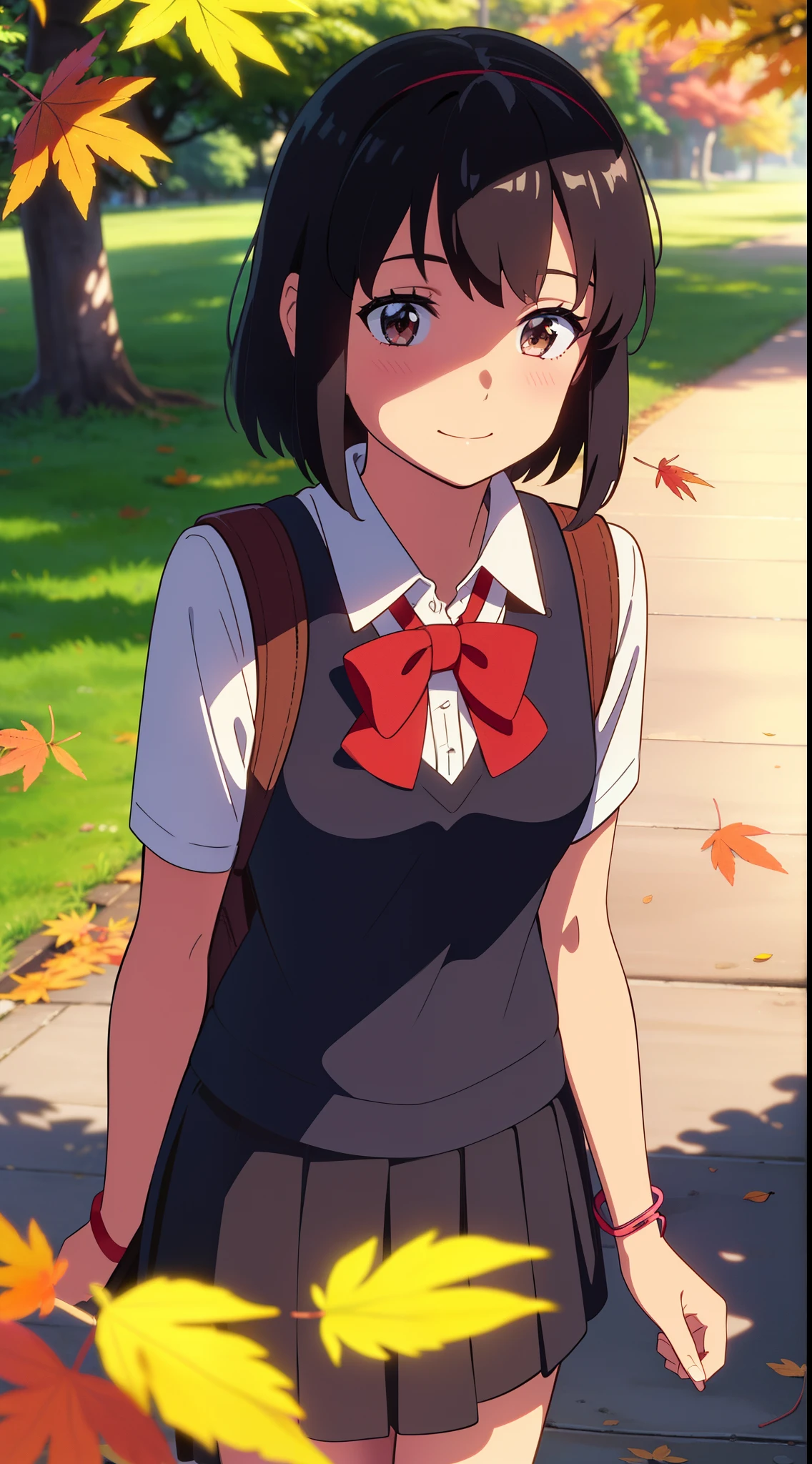 (masterpiece, best quality, high quality, highres, ultra-detailed), shinkai makoto, kimi no na wa., 1girl, bangs, black hair, blush, bright eyes, brown eyes, headband, looking at the viewer, red bow, red headband, red ribbon, school uniform, shirt, white shirt, skirt, black skirt, short sleeves, short hair, medium breasts, solo, day, Outdoors, shiny skin, standing, shadow, smile, happy, bracelet, school backpack, upper-body, {{{{{{in autumn}}}}}}, maple tree, falling leaves, autumn scenery, warm color., beautiful, pretty, {{{{fluttering leaves}}}}