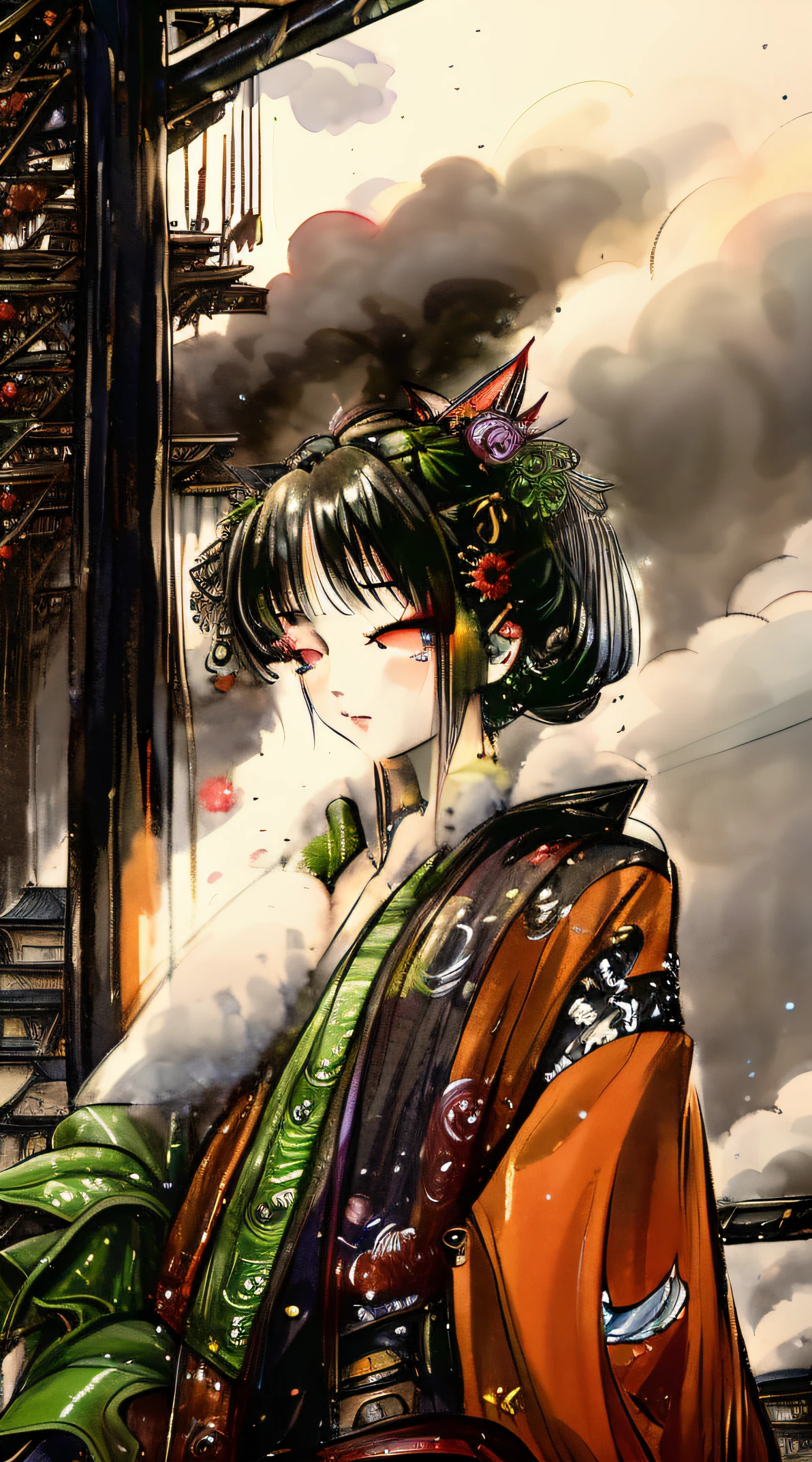 TOKYOcty、Technology、ganja、geisha、Electronic cigarettes、smokeing、10 people、Inhale smoke、cyberpunked、Near future、Landscape ratio image、Background through、Hemp leaf hair ornament、Scenic、History、Thanks、appreciate、reddish、blessings、back turned、posterior view、Parti、Yuki、Urban Forest、natta