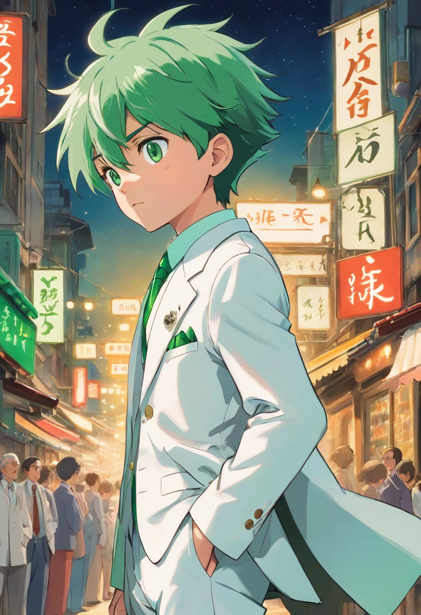 10 year old boy named Francis Chandra with short spiky green hair, emerald eyes, dressed with white suit. ((character design sheet)) ((((different poses different angles))))