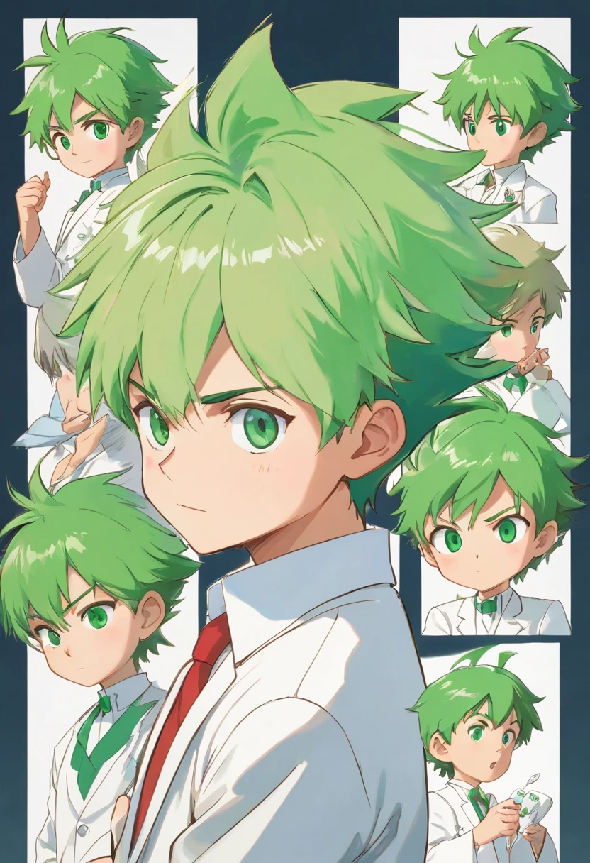 boy named Francis Chandra with short spiky green hair, emerald eyes, dressed with white suit. ((character design sheet)) ((((different poses different angles))))