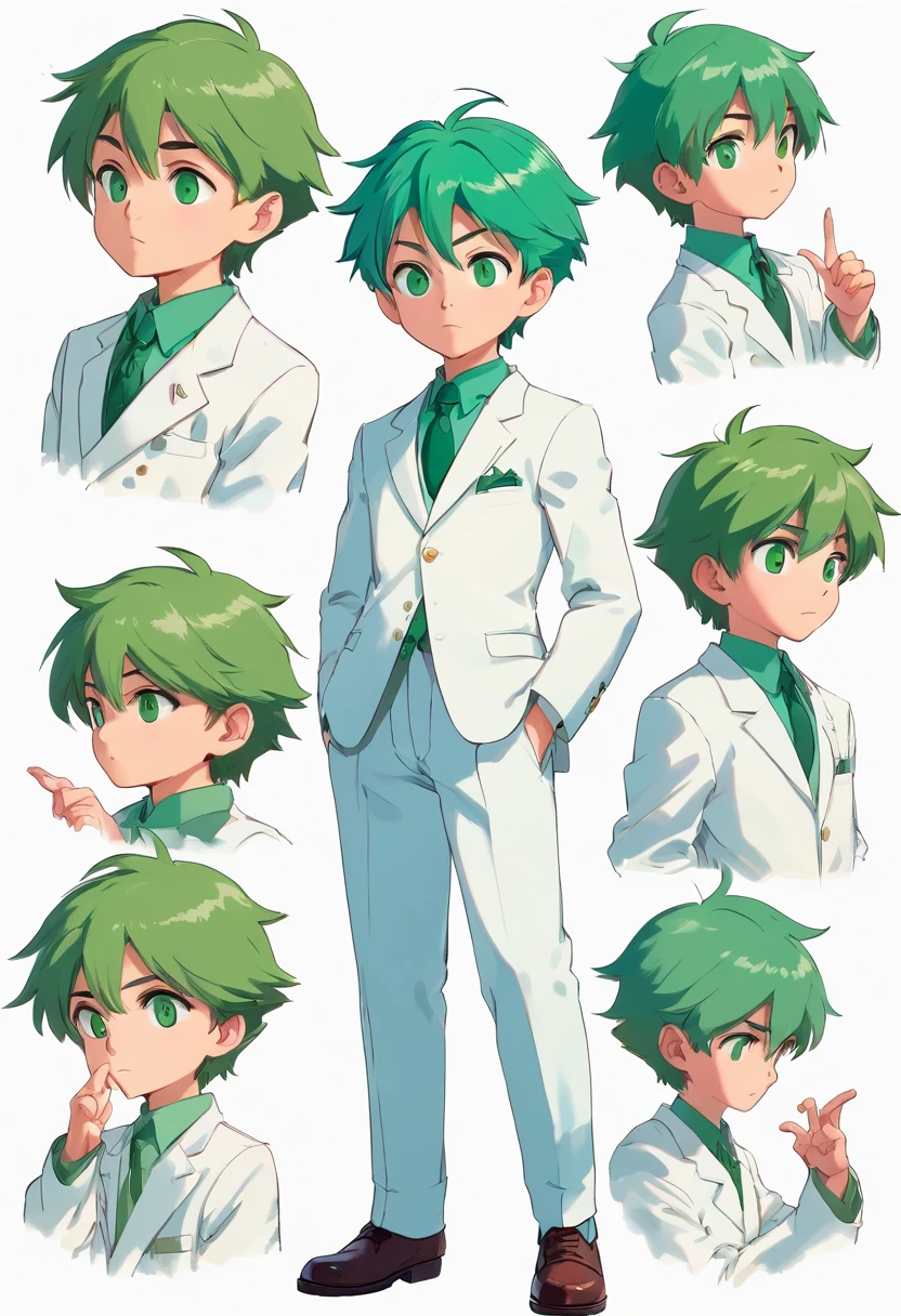 10 year old boy named Francis Chandra with short spiky green hair, emerald eyes, dressed with white suit. ((character design sheet)) ((((different poses different angles))))