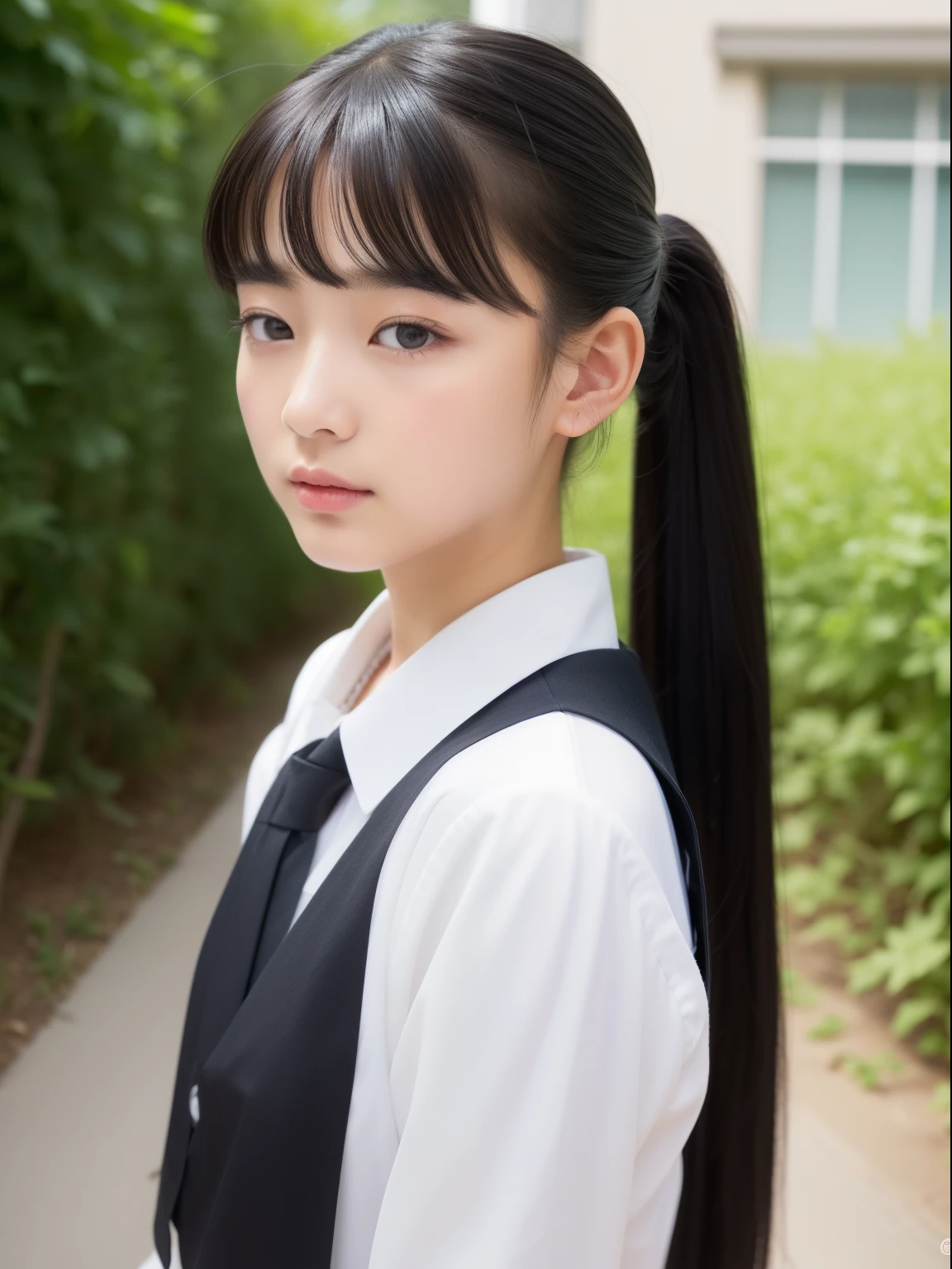(top-quality、masterpiece)、Neat and clean girl、petiterson、13yo girlytail with black hair、Blouse with white collar、Red checked miniskirt、white panties、beauitful face、(slim, Small, Flat, Small)、Detailed eyes、Black eyes、Double eyelids、outside of house、the wind、shinny skin、blurry backround、