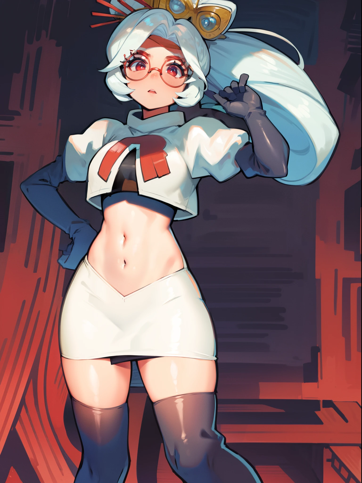 masterpiece, best quality, purah, red glasses, hair ornament,1girl,team rocket,team rocket uniform, red letter R, white skirt,white crop top,black thigh-high boots,black elbow gloves, hand on hips,