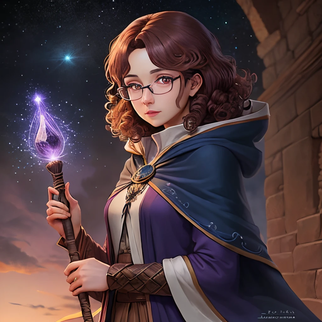 A female mage with glasses, purple eyes, curly brown hair, navy blue cloak, and a galaxy themed staff. There are flowers woven within her hair Anime