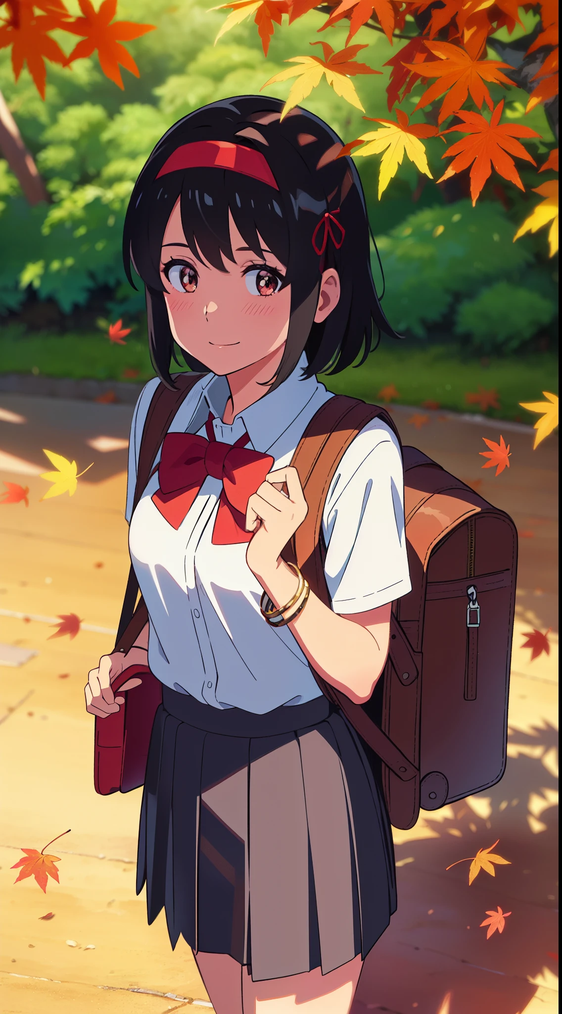 (masterpiece, best quality, high quality, highres, ultra-detailed), shinkai makoto, kimi no na wa., 1girl, bangs, black hair, blush, bright eyes, brown eyes, headband, looking at the viewer, red bow, red headband, red ribbon, school uniform, shirt, white shirt, skirt, black skirt, short sleeves, short hair, medium breasts, solo, day, Outdoors, shiny skin, standing, shadow, smile, happy, bracelet, school backpack, {{{{{{in autumn}}}}}}, maple tree, falling leaves, autumn scenery, warm color., beautiful, pretty, {{{{fluttering leaves}}}}