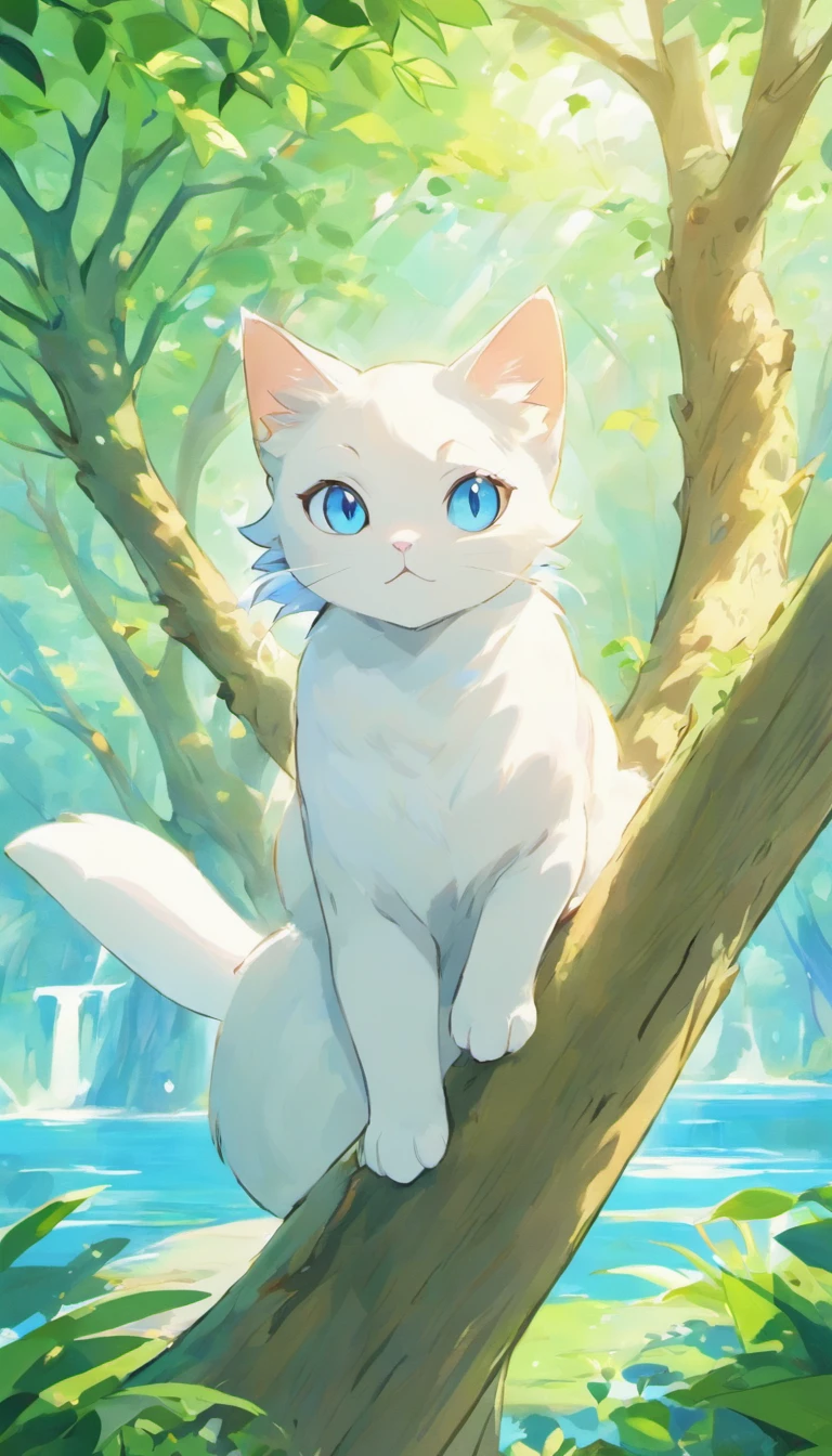 White cat、Blue eyes、Inside a fantastic forest with a large lake in the background、Elegance、narrow her eyes、Fantastical、hali々and has、Condescending、on a tree branch