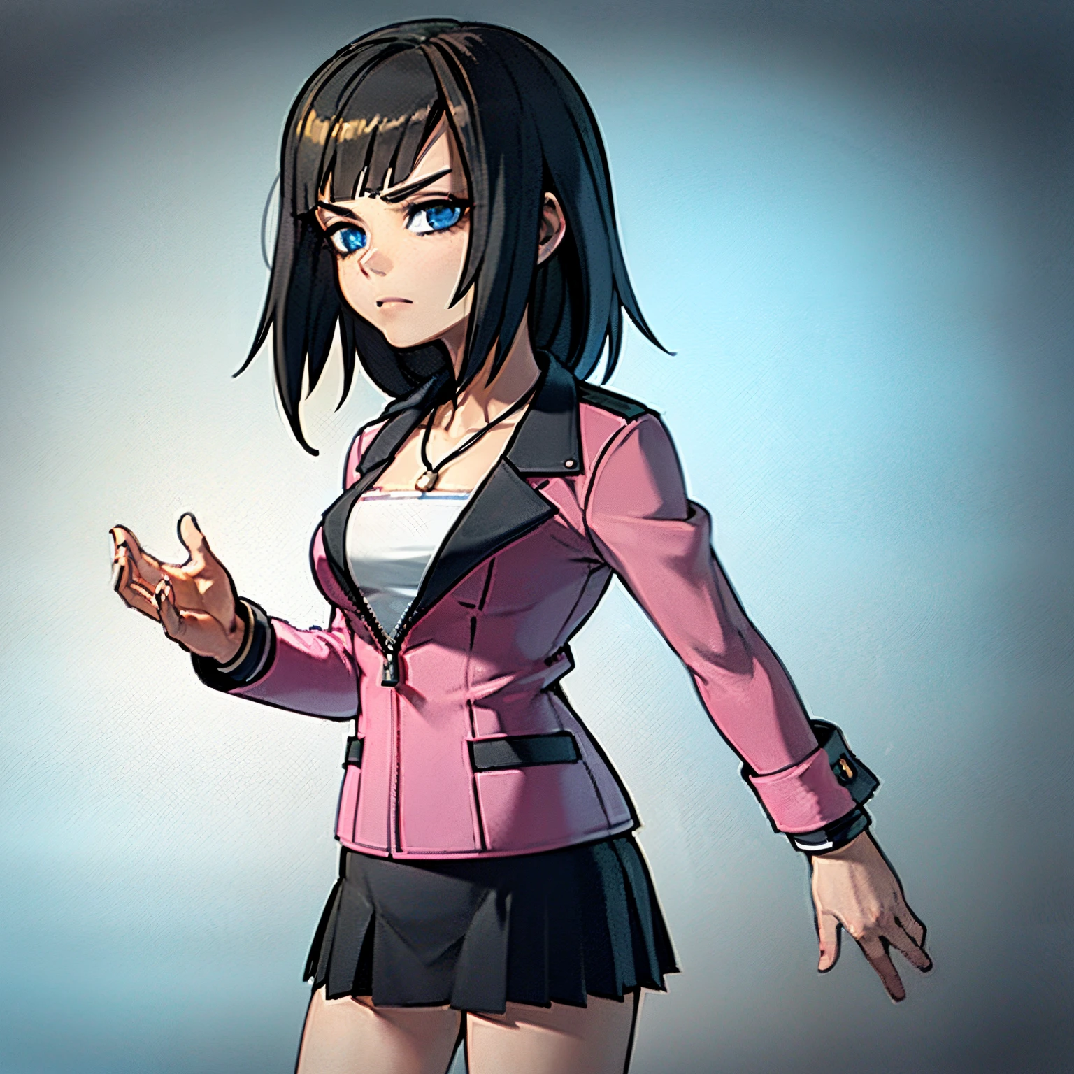 (masterpiece, best quality)), (1girl), (solo), (female focus), young girl, black hair, blue eyes, pink letter jacket, black skirt, silver necklace, 4k, masterpiece, accessories, looking at viewer, , female death appearance, dynamic angle, highly detailed, 8k resolution