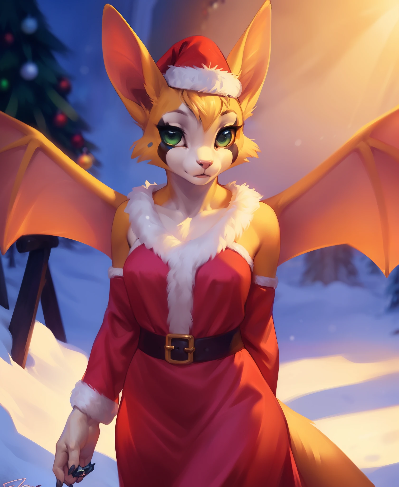 uploaded on e621, (by Personalami, by Honovy, by Thebigslick, by Taran Fiddler, by Fumiko, by Lostgoose, by Joaqun Sorolla, by Zack Snyder, by Ferdinand Knab), (kemono:1.3), (((fidget (elysian tail)))), solo, green eyes, (membranous wings, wings, membrane (anatomy)), tuft, female, looking at viewer, (((christmas clothing, christmas, holidays, christmas headwear, red clothing, red dress))), winter, snow, snow cover, BREAK, ((detailed background:1.5, depth of field, half body shadow, sunlight, ambient light on the body)), (intricate:0.7), (high detail:1.3), (soft focus:1.15), (masterpiece, best quality, 4k, 2k, shaded, absurd res)