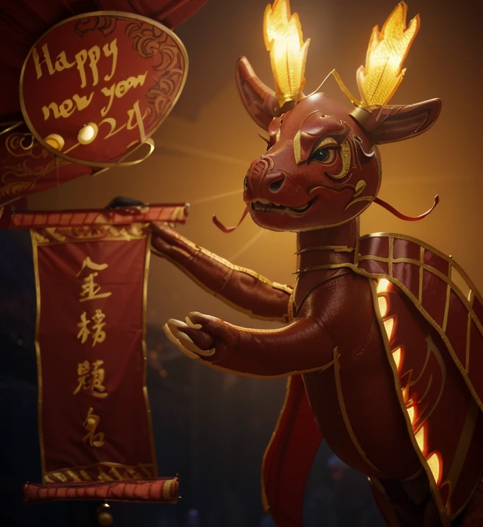 A dragon dancing in a vibrant Lunar New Year celebration, capturing the essence of the festive atmosphere. (best quality, 4k, highres, masterpiece:1.2), ultra-detailed, realistic:1.37, HDR, vivid colors, bokeh, studio lighting, physiologically-based rendering, sharp focus, ultra-fine painting. The dragon is meticulously crafted, with intricate scales, majestic horns and sharp teeth. Its body is adorned with vibrant colors, symbolizing good fortune and prosperity. The dragon's movement is graceful and dynamic, as it twists and turns in the air, captivating the audience. Lanterns and fireworks illuminate the scene, casting a warm glow on the festivities. Traditional Chinese decorations, such as red and gold banners, decorate the surroundings, creating a festive and joyful ambiance. People of all ages gather to watch the dragon dance, their faces filled with excitement and happiness. The sound of drums and cymbals fills the air, adding to the energetic atmosphere. The dragon's eyes shine with a mischievous glint, and the audience can't help but be mesmerized by its presence. Its long, sinuous body curves through the air, creating a sense of awe and wonder. The dragon's movements are fluid and coordinated, symbolizing good luck and prosperity for the coming year.