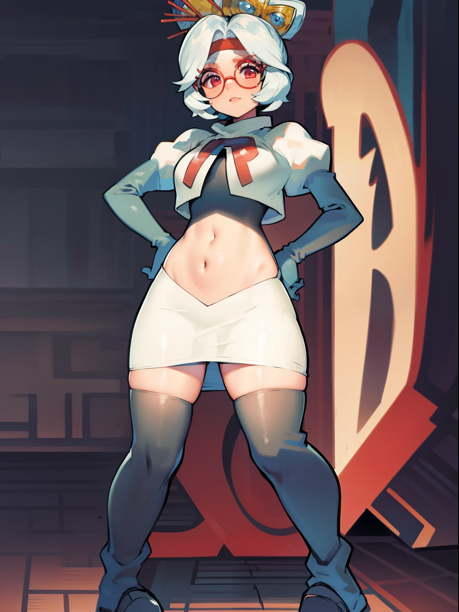 masterpiece, best quality, purah, red glasses, hair ornament,1girl,team rocket,team rocket uniform, red letter R, white skirt,white crop top,black thigh-high boots,black elbow gloves, hand on hips,