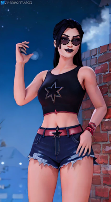 1 Mulher sozinha, 1girl, xyzsurfwitch, (xyzhaze:0.5), cabelos pretos, cabelo para cima, coque de cabelo, chifres, mascara, black lips, maquiagem, boca fechada, foco apenas, sun glasses, short shorts, camiseta vermelha do tanque, estrela_/(pattern/),
sorridente,Olhando para o Viewer, Blusa vermelha surf witch , summer denim shorts, cabelo preto, rabo de cavalo, blusa vermelha, chifres vermelhos, maquiagem, black lipstick Blush bracelet inside Big breasts Long hair Looking at each other Looking at the viewer Night sky in the starry sky (heaven)
suar coxas grossas Coxas. sozinha