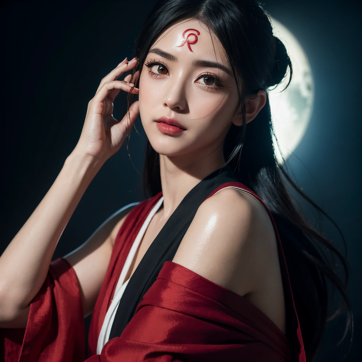 uchiha sarada, naruto shippuden, glasses, sleeveless red kimono, bandana on forehead, masterpiece, solo, full
 body (best quality, perfect detailed, beautifully detailed face, detailed eyes), bright shiny, ray tracing, DOF, HDR, gradient eyes, sharp eyelashes, ((eyelashes)), mascara, detail_face, eyelashes, shiny hair, flirting, sexy smile, lips parted, best quality, (highly detailed background: 1.2),  extremely beautiful, immensely beautiful, extraorinally beautiful, realistic, masterpiece, best quality, top quality, gothic lighting, dark look, perfect body, extremely sexy, immensely seductive, macabre scenery, blood, gigane moon full body