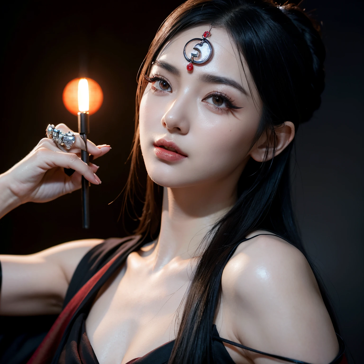 uchiha sarada, naruto shippuden, glasses, sleeveless red kimono, bandana on forehead, masterpiece, solo, full
 body (best quality, perfect detailed, beautifully detailed face, detailed eyes), bright shiny, ray tracing, DOF, HDR, gradient eyes, sharp eyelashes, ((eyelashes)), mascara, detail_face, eyelashes, shiny hair, flirting, sexy smile, lips parted, best quality, (highly detailed background: 1.2),  extremely beautiful, immensely beautiful, extraorinally beautiful, realistic, masterpiece, best quality, top quality, gothic lighting, dark look, perfect body, extremely sexy, immensely seductive, macabre scenery, blood, gigane moon full body