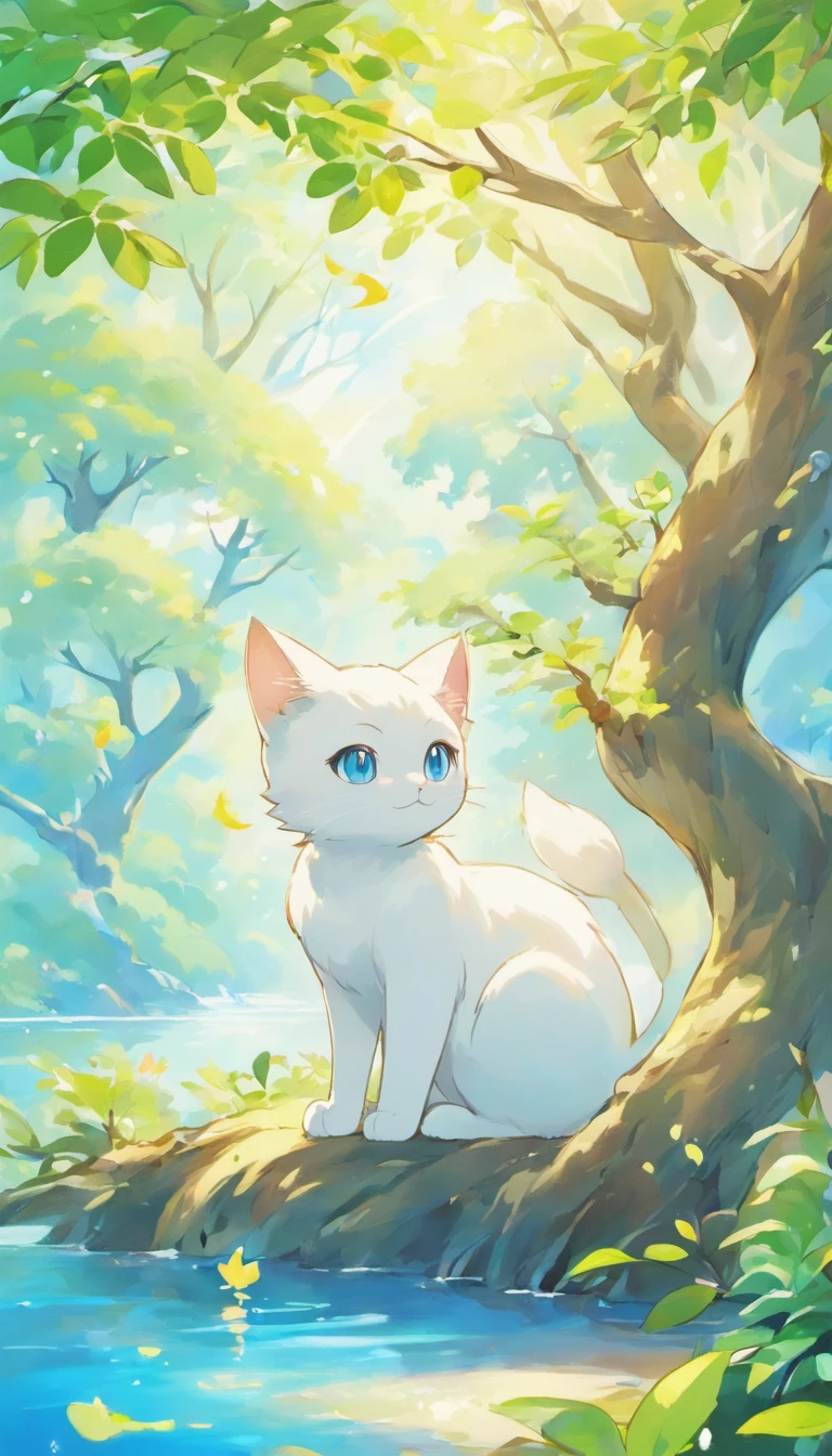 White cat、Blue eyes、Inside a fantastic forest with a large lake in the background、Elegance、narrow her eyes、Fantastical、hali々and has、Condescending、On the branches of trees