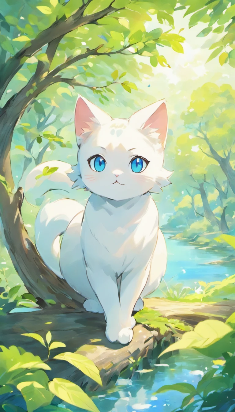 White cat、Blue eyes、Inside a fantastic forest with a large lake in the background、Elegance、narrow her eyes、Fantastical、hali々and has、Condescending、On the branches of trees
