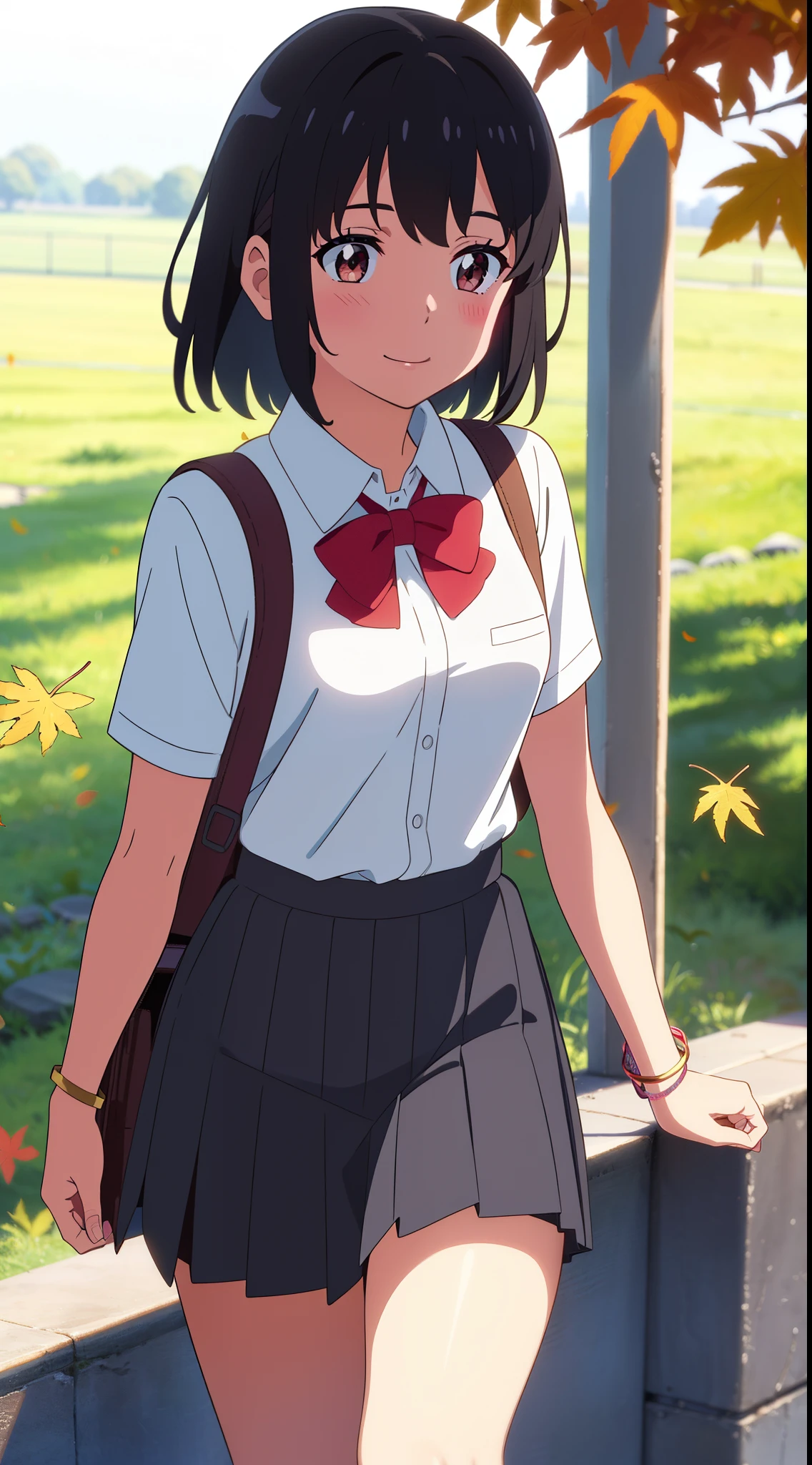 (masterpiece, best quality, high quality, highres, ultra-detailed), shinkai makoto, kimi no na wa., 1girl, bangs, black hair, blush, bright eyes, brown eyes, headband, looking at the viewer, red bow, red headband, red ribbon, school uniform, shirt, white shirt, skirt, black skirt, short sleeves, short hair, medium breasts, solo, day, Outdoors, shiny skin, standing, shadow, smile, happy, bracelet, school backpack, {{{{{{in autumn}}}}}}, maple tree, falling leaves, autumn scenery, warm color., beautiful, pretty, {{{{fluttering leaves}}}}