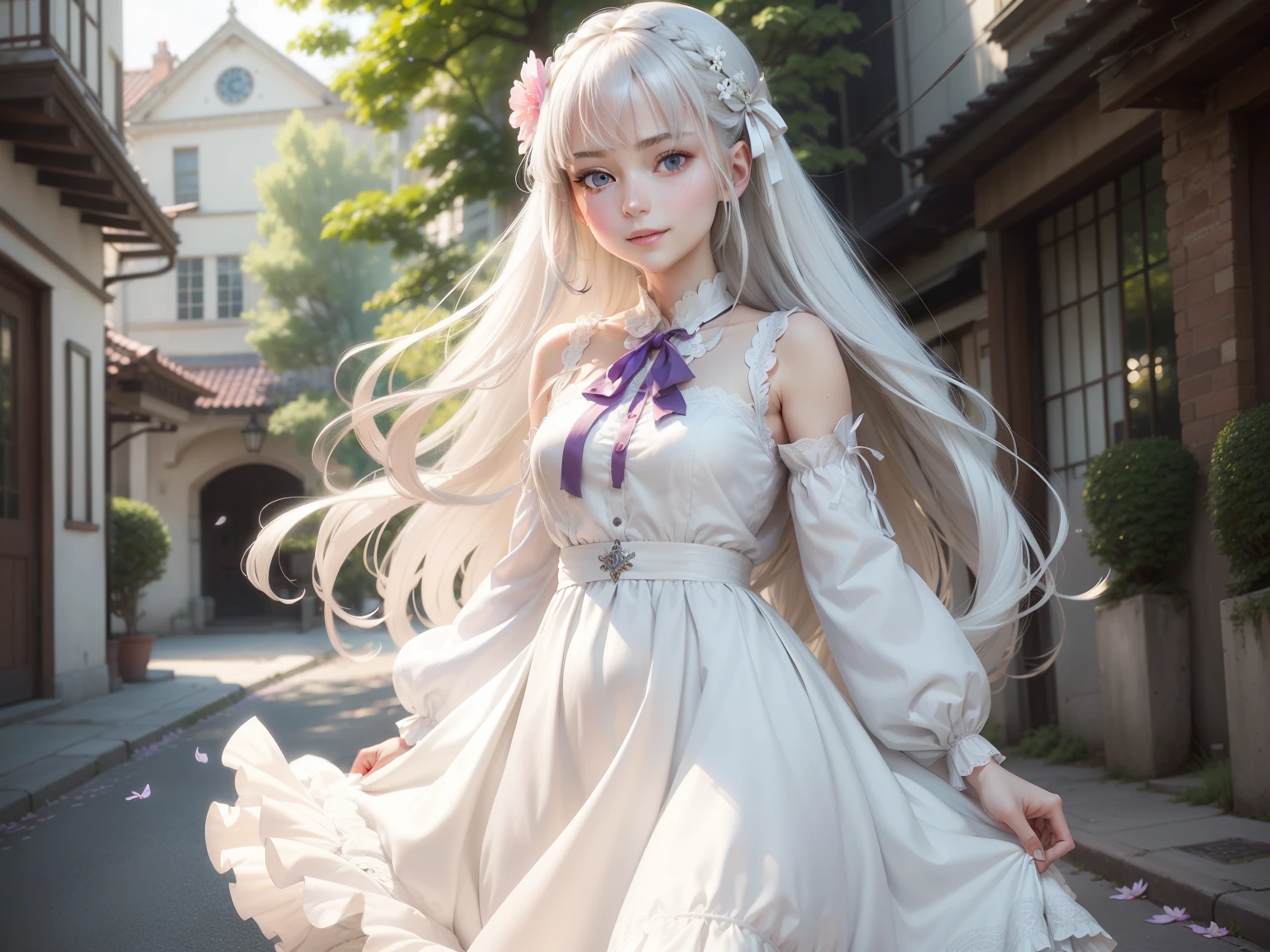 masutepiece, Superb Piece, Daytime, plein air, Falling flowers, White Dress, 1 girl, A perfect woman, Woman with silver and white long hair, gray blue eyes, pale pink lips, Cold, Serious, Bang, Purple eyes, White clothes, Black Closing Line, Delicate face, Exquisiteface, Standing Bow, tassels, Happiness knot, Smile