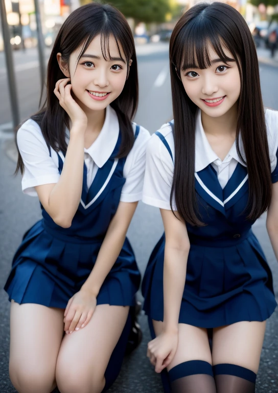 top-quality、Facial Focus、Soft light、(depth of fields)、超A high resolution、(Photorealsitic:1.4)、Raw photography、(above knee:1.4)、((Bend one knee slightly))2 Japan girls、Two 20 year old girls、small tits、(full of shyness、cold smile:1.1)、(Brown-eyed)、detailed beautiful faces、(Cute hairstyle)、high-angle shot、Center view、Two arafe asian women in satin shimmies standing on city street、Phenomenally cute girl、japanaese girl、Wearing a lace slip shimmy、a hyperrealistic schoolgirl、a hyperrealistic schoolgirl、Schoolgirl Pose、full body Esbian、Nice skin、glistning skin、lovely thighs、glowing thigh、shining legs、Black high socks above the knee、High School in Japan 、乃木坂アイドル、韓国アイドル、Invite you inside、((Inviting eyes))
