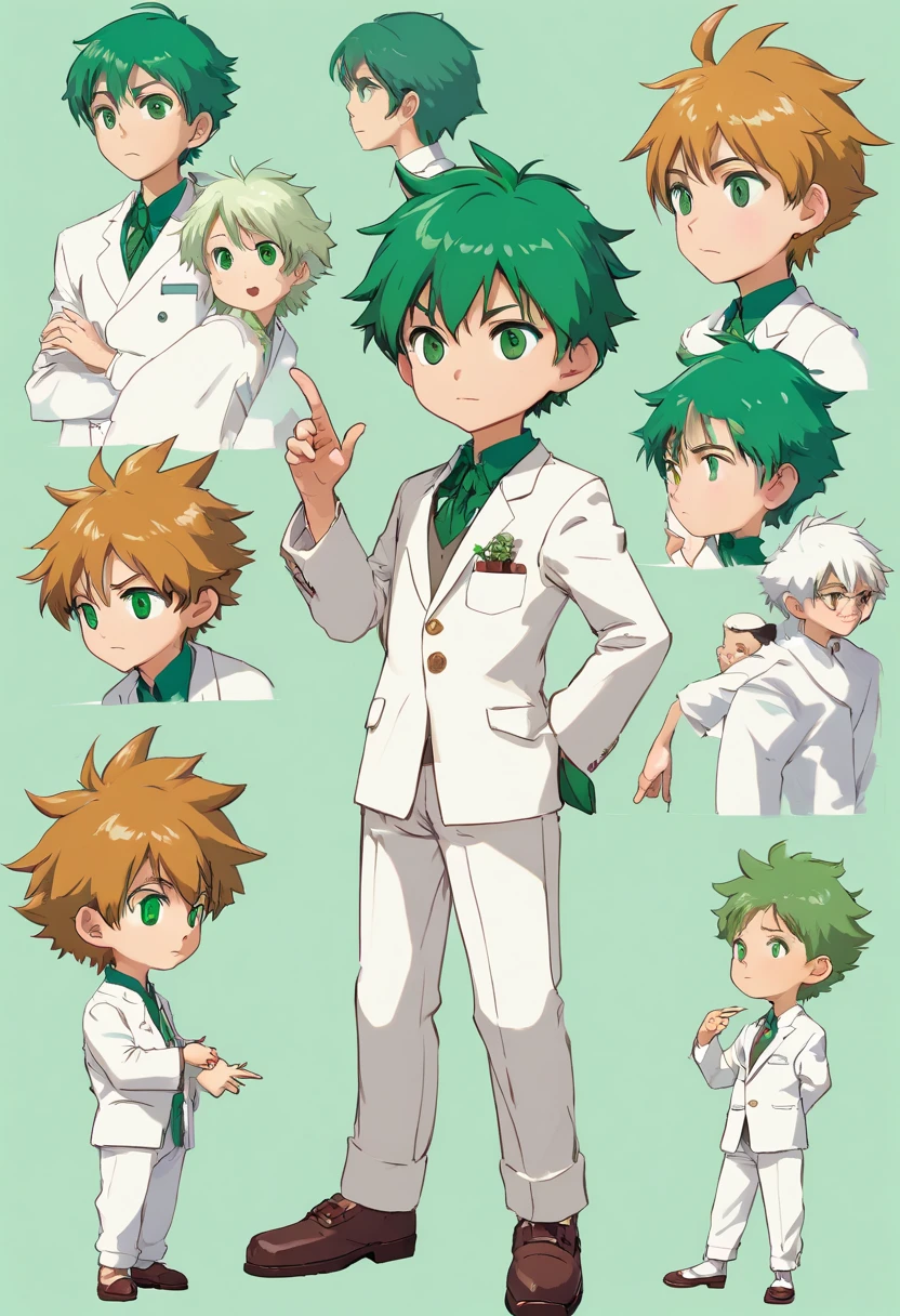 10 year old boy named Francis Chandra with short spiky green hair, emerald eyes, dressed with white suit. ((character design sheet)) ((((action poses different views))))
