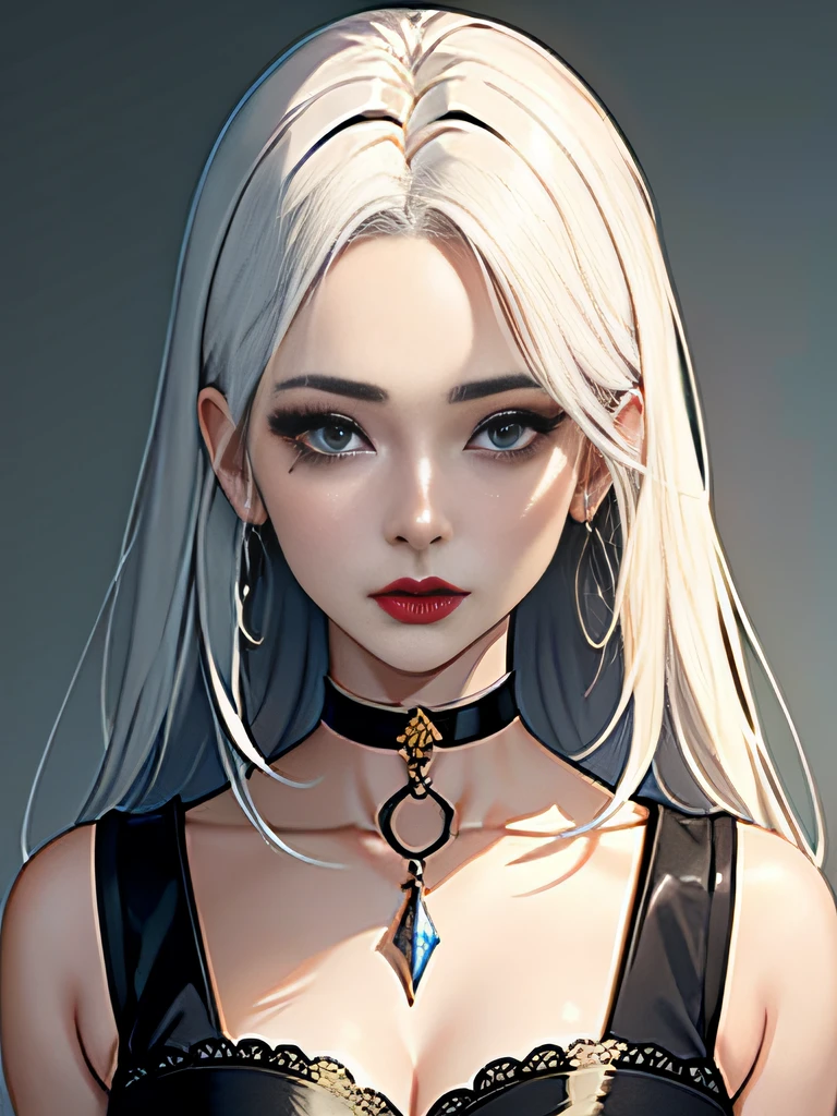 1 girl, 独奏, jewely, white color hair, choker necklace, Redlip, Long white hair, lipsticks, cosmetics, Upper part of the body, close your mouth, Black dress,A little cleavage， 鎖骨, a skirt,white theme,bad-girl,glistning skin,(A mature woman),Chic, Stylized, nvinkpunk face closeup portrait (((inquirer))), smooth soft skin,Blue pupil， What beautiful big eyes, Beautiful and sophisticated hair dye, Symmetrical, gentlesoftlighting, Detailed faces, Shen Haicheng, author：Stanley Artejem Liu, ample, Ross Drawing, concept-art, digitial painting, looking up at camera