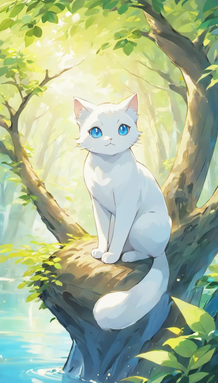 White cat、Blue eyes、Inside a fantastic forest with a large lake in the background、Elegance、narrow her eyes、Fantastical、hali々and has、Condescending、On the branches of trees