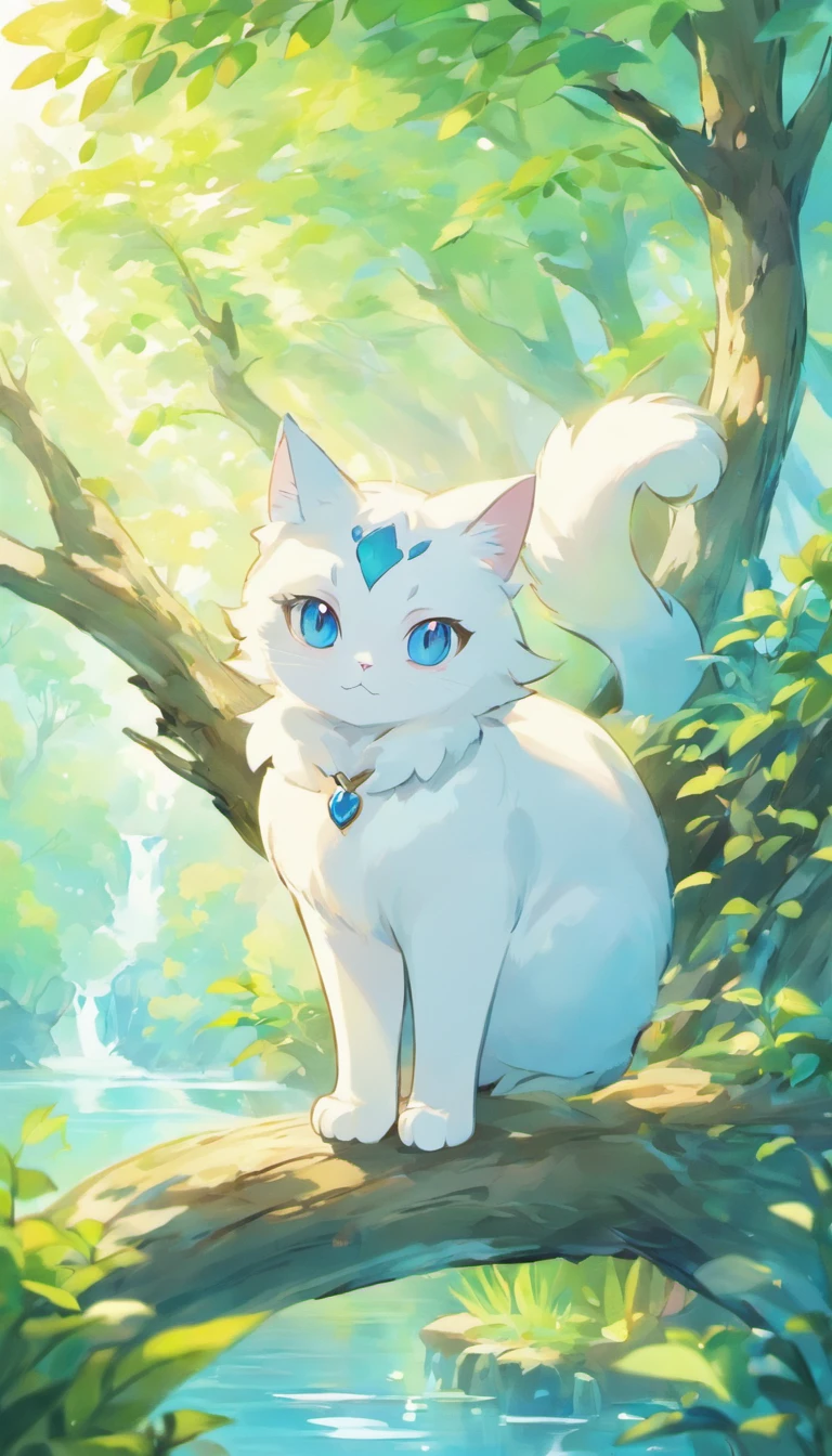 White cat、Blue eyes、Inside a fantastic forest with a large lake in the background、Elegance、narrow her eyes、Fantastical、hali々and has、Condescending、On the branches of trees
