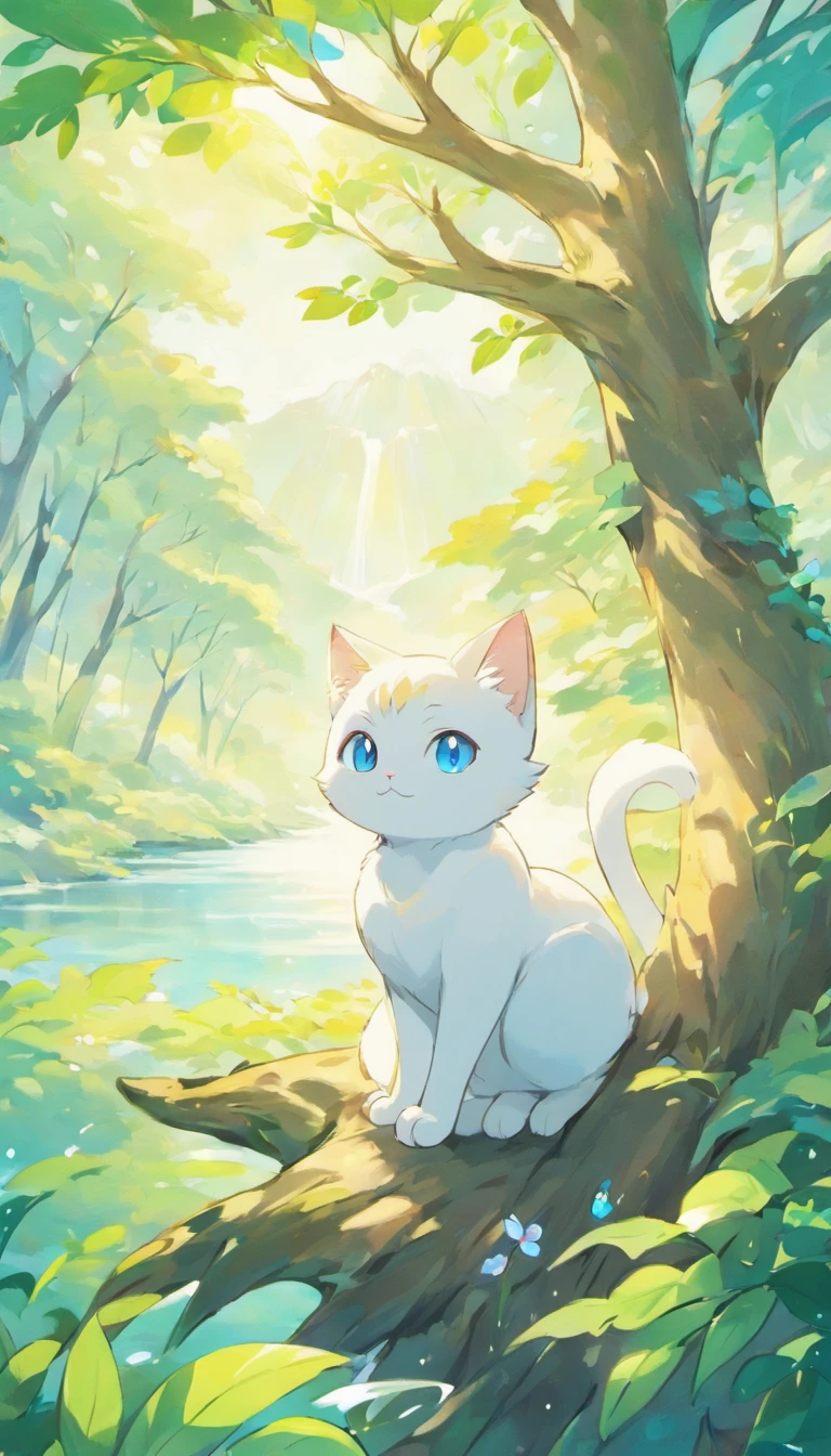 White cat、Blue eyes、Inside a fantastic forest with a large lake in the background、Elegance、narrow her eyes、Fantastical、hali々and has、Condescending、On the branches of trees