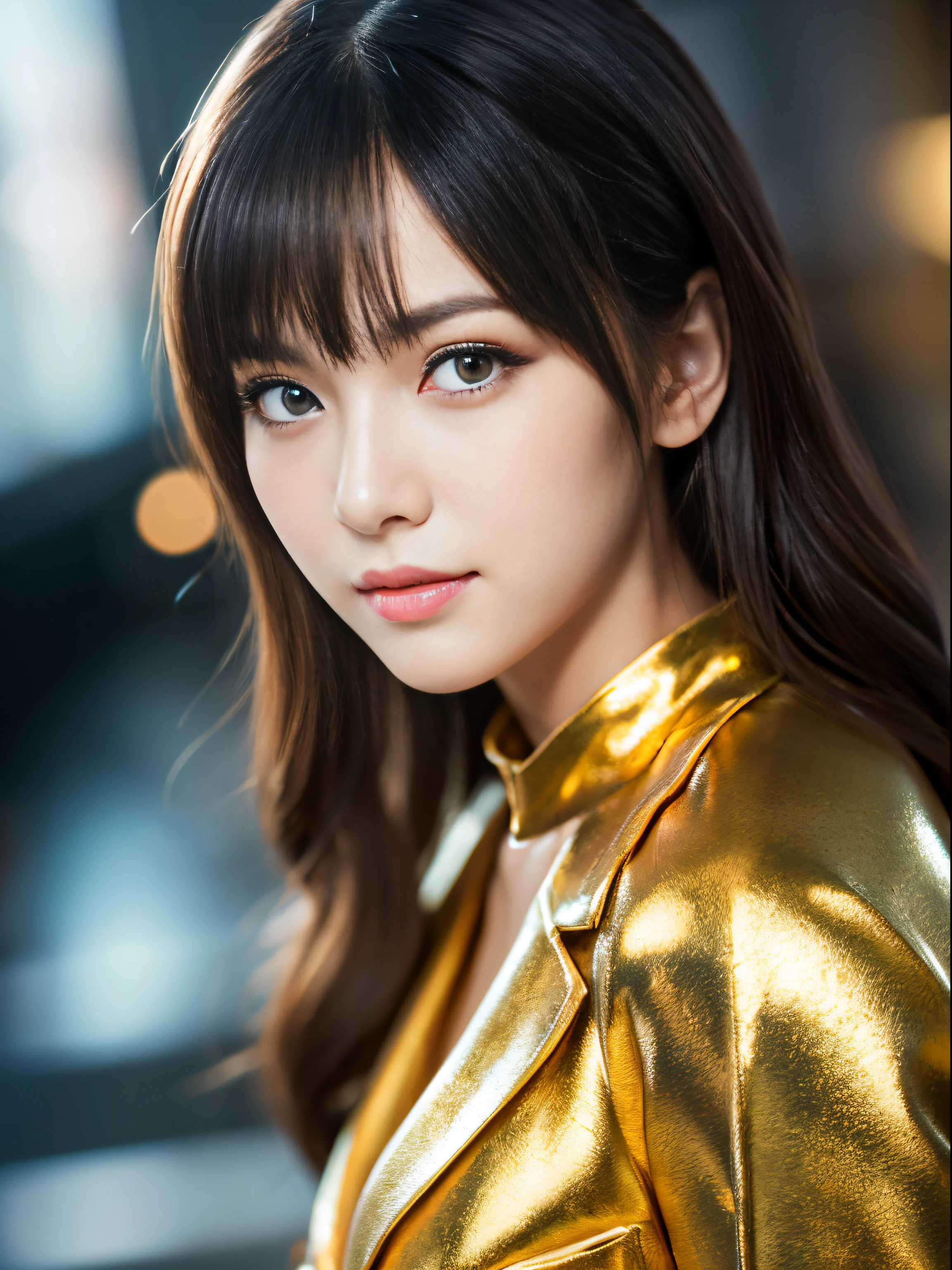 Ultra high-definition images,beautiful faces detailed,Woman with wavy black hair and purple eyes, gold armor suit,  eyeshadows, Cute face,fullbody image,The background is the battlefield