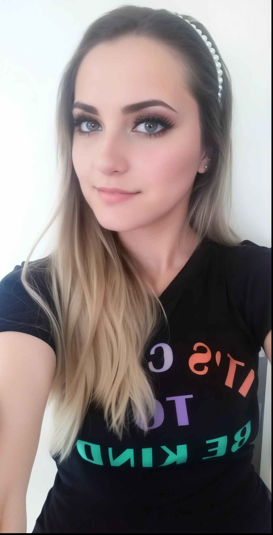 a close-up of a woman in a black shirt and a headband, rosto sexy com maquiagem completa, olhar sensual, com maquiagem profissional, usando maquiagem profissional, imagem de perfil, em maquiagem profissional, imagem de qualidade muito baixa, 2 Modelo feminina de 4 anos, selfie de uma jovem mulher, selfie shot straight on angle, 2 3 anos, cerca de 3 5 anos