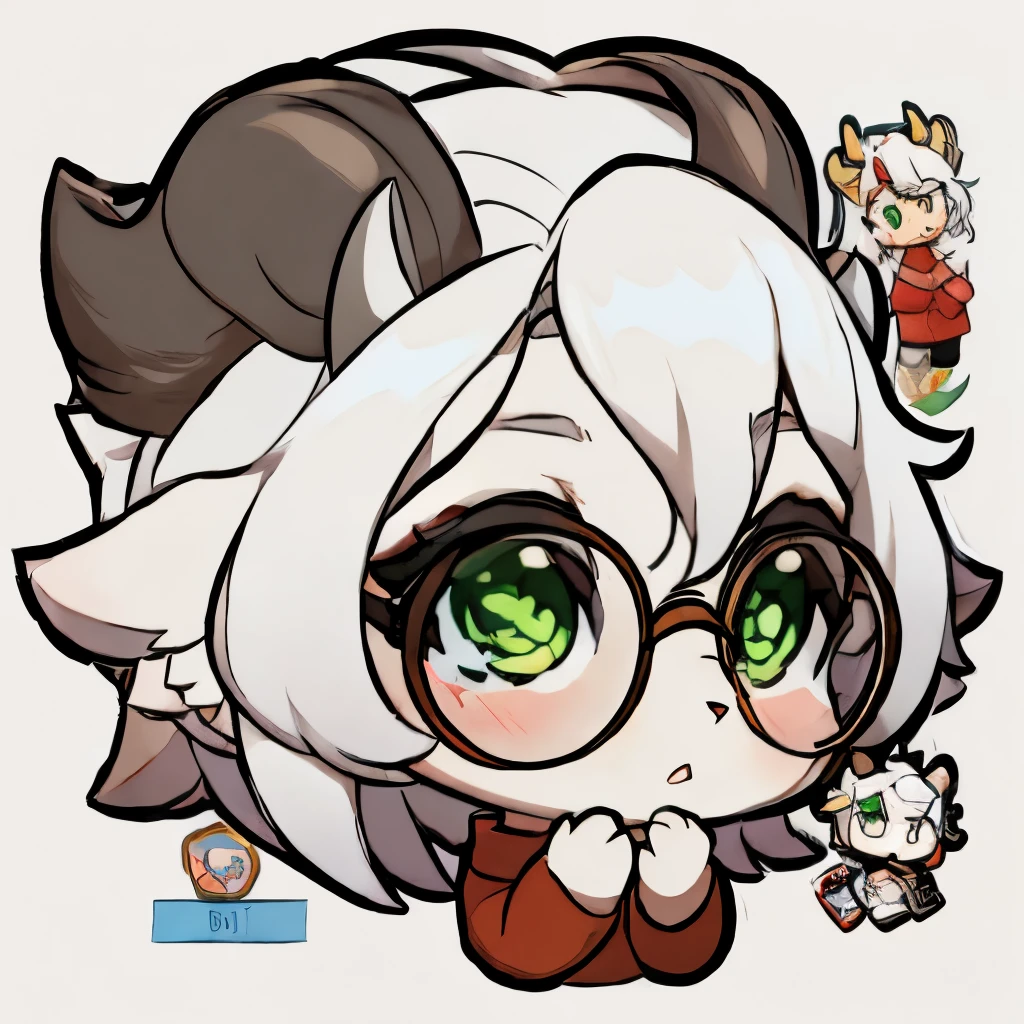sticker, 1 girl, background, chibi, big head, an anthropomorphic cartoon female goat character wearing a red sweater, black pants, and round glasses, green eyes, white hair, 2 small gray horns, The goat is white-colored, thinking,