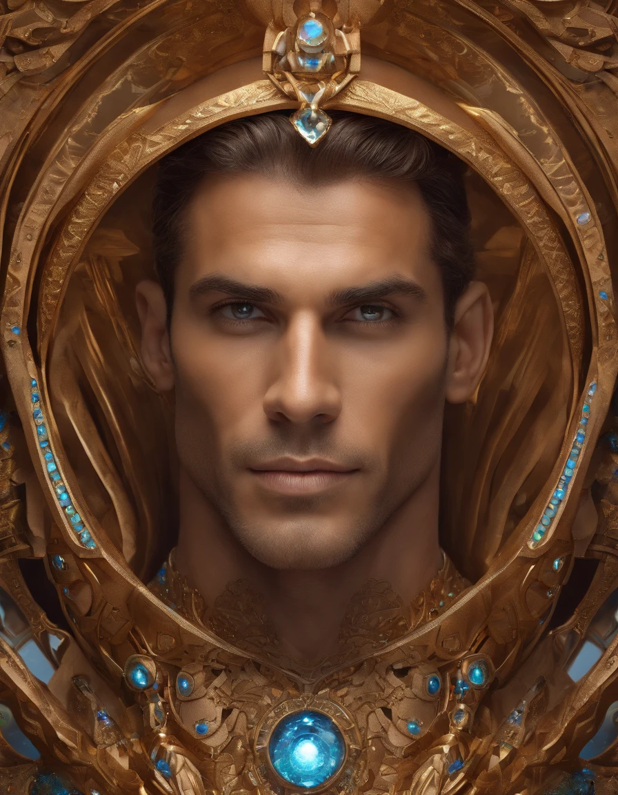 Stunning, insanely handsome 40 years old very masculine Brazilian Man, God of Multiverse, Impossing, fitted Athletic Body, Suntan Skin, Wearing Egyptian Jewels Futuristic Cut Armor with Bracelets and with Intricate Isometric Fluid Galaxy Bioluminescence Effects, symmetrical, with Galaxies orbiting his perfect body, perfect detailed face, detailed symmetric circular honey iris pupils, ((Gorgeous Long light brown Fluid Hair)), Realistic, intricately detailed, cinematic, Isometric, awesome full color, gritty, mucha, klimt, 16k, hight definition, cinematic, neoprene, behance contest winner, portrait featured on unsplash, smooth, ultra high definition, ultra sharp focus, intricate artwork masterpiece, ominous, epic, TanvirTamim, trending on artstation, highly detailed, vibrant