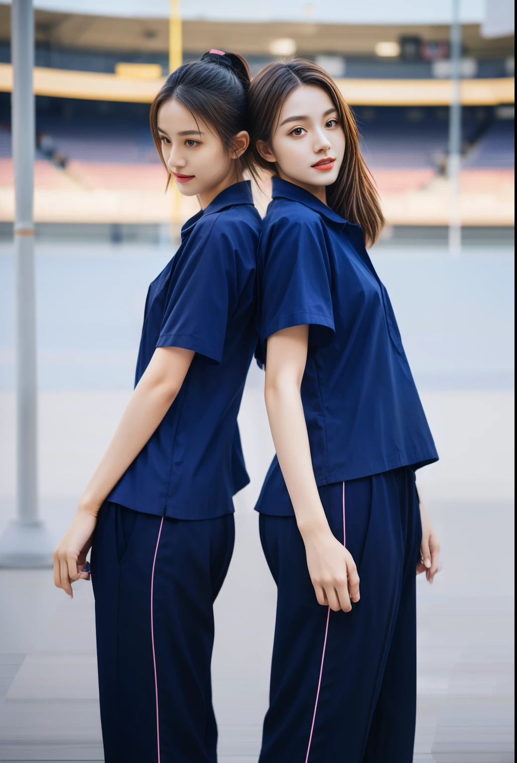 (bestquality,10,10,highres,masterpiece:1.2),ultra-detail,(Realistic,photorealistic portrait,photo-realistic:1.37),1 Cute girl in the football field,oily shiny skin,bara,light smile,BDclothes,((blue shirt:1.3)),short sleeves,shirt, trousers.,(navy_long_Pants Track:1.1), ((Stadium Background:1.3)),dynamic angle,excited,face focus,Dynamic Poses,from behide,Ass Focus,masterpiece, bestquality, ultra realistic, hyper-detail, 8k resolution, RAW photo, crisp focus, ((Navy blue shirt:1.1)), short sleeves, Long Path, Perfect body, 2 mature women, 18yo, cinematic light,Blue sweatpants,Gymware,Correct anatomy,Complete body, Correct body, sharp face, Anatomically correct body, full entire body, Realistic gestures, long-haired, Realistic poses,Wear long shorts..................,Long leg span,Shapely,Sculpting Girl, Slender Figure, mannequin mannequins, Shapely, Beautiful body,Blue sweatpants, Two girls kissing
