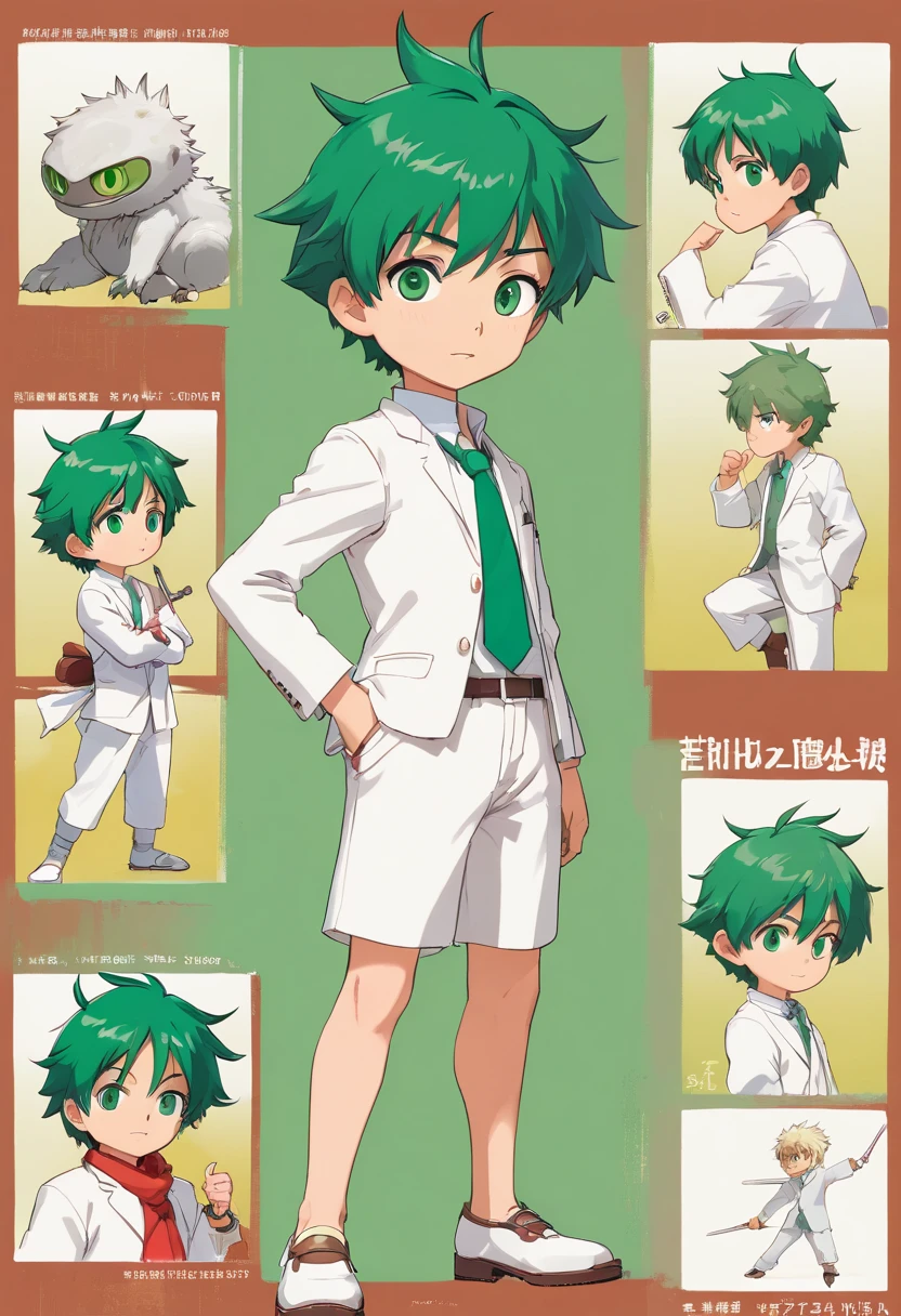 boy named Francis Chandra with short spiky green hair, emerald eyes, dressed with white suit. ((character design sheet)) ((((action poses different views))))