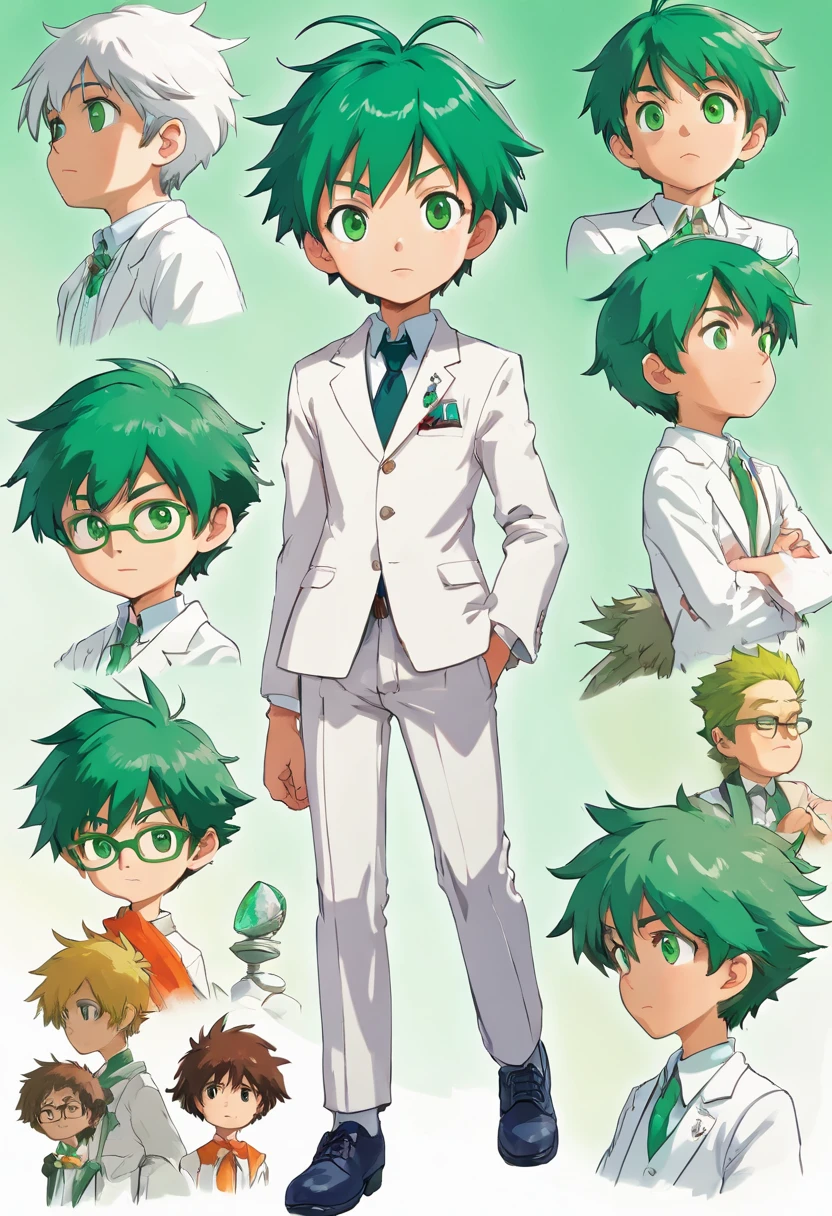 10 year old boy named Francis Chandra with short spiky green hair, emerald eyes, dressed with white suit. ((character design sheet)) ((((action poses different views))))
