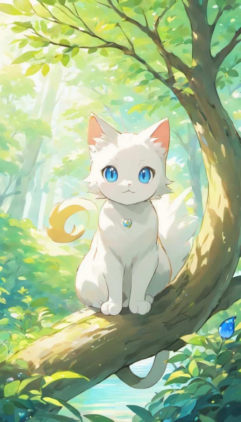 White cat、Blue eyes、Inside a fantastic forest with a large lake in the background、Elegance、narrow her eyes、Fantastical、hali々and has、Condescending、On the branches of trees