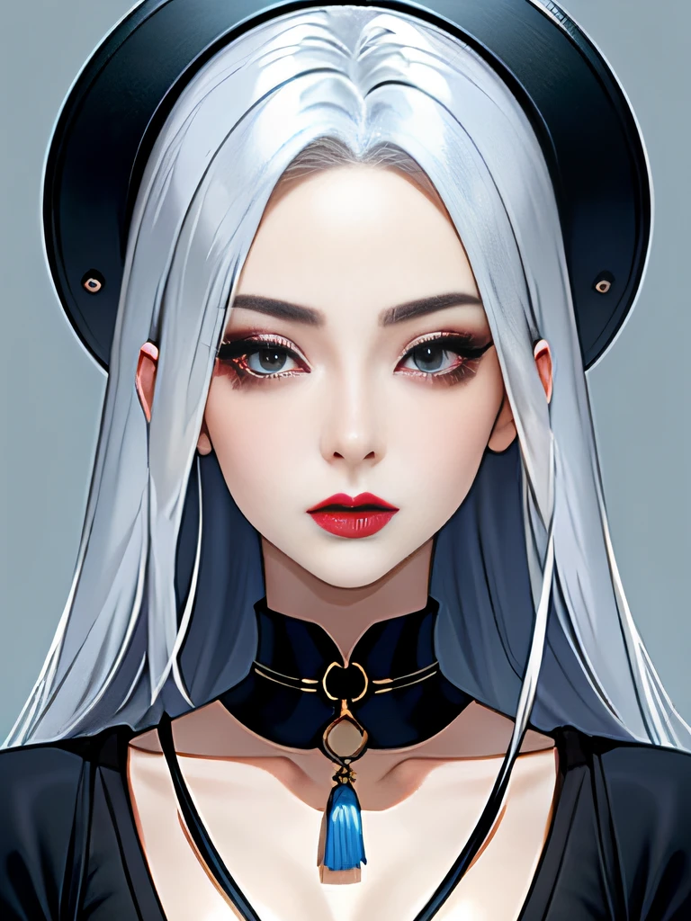 1 girl, 独奏, jewely, white color hair, choker necklace, Redlip, blue long hair, lipsticks, cosmetics, Upper part of the body, close your mouth, Black dress,A little cleavage, 鎖骨, a skirt,Black Themes,bad-girl,glistning skin,(a sweet woman),Chic, Stylized, nvinkpunk face closeup portrait (((inquirer))), smooth soft skin,Blue pupil, big beatiful eyes, Beautiful and sophisticated hair dye, Symmetrical, gentlesoftlighting, Detailed faces, Shen Haicheng, author:Stanley Artejem Liu, ample, Ross Drawing, concept-art, digitial painting, Look up at the camera