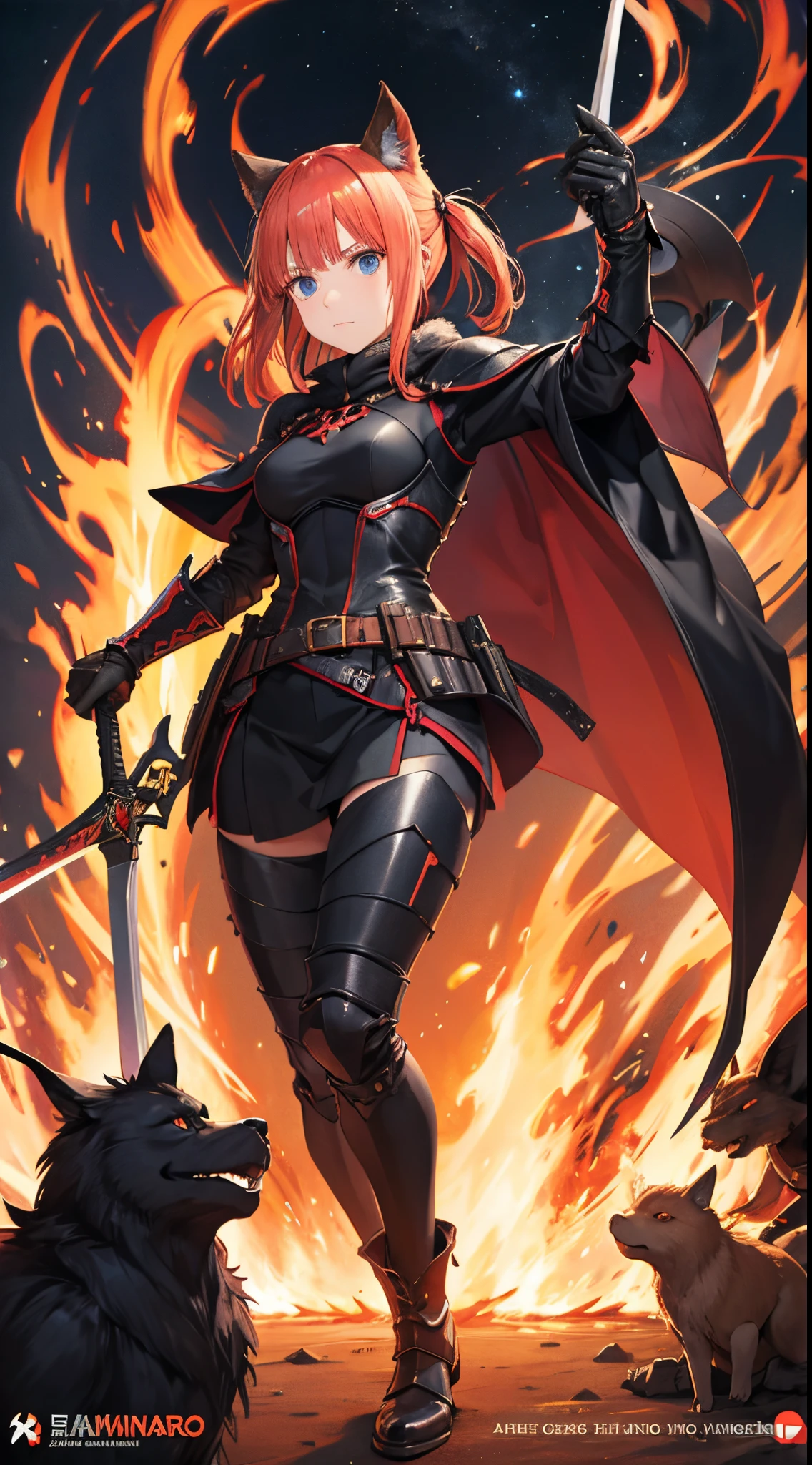 Nino Nakano,fearless gaming armor,yermo bosqueso,wielding black flame sword,monstruos